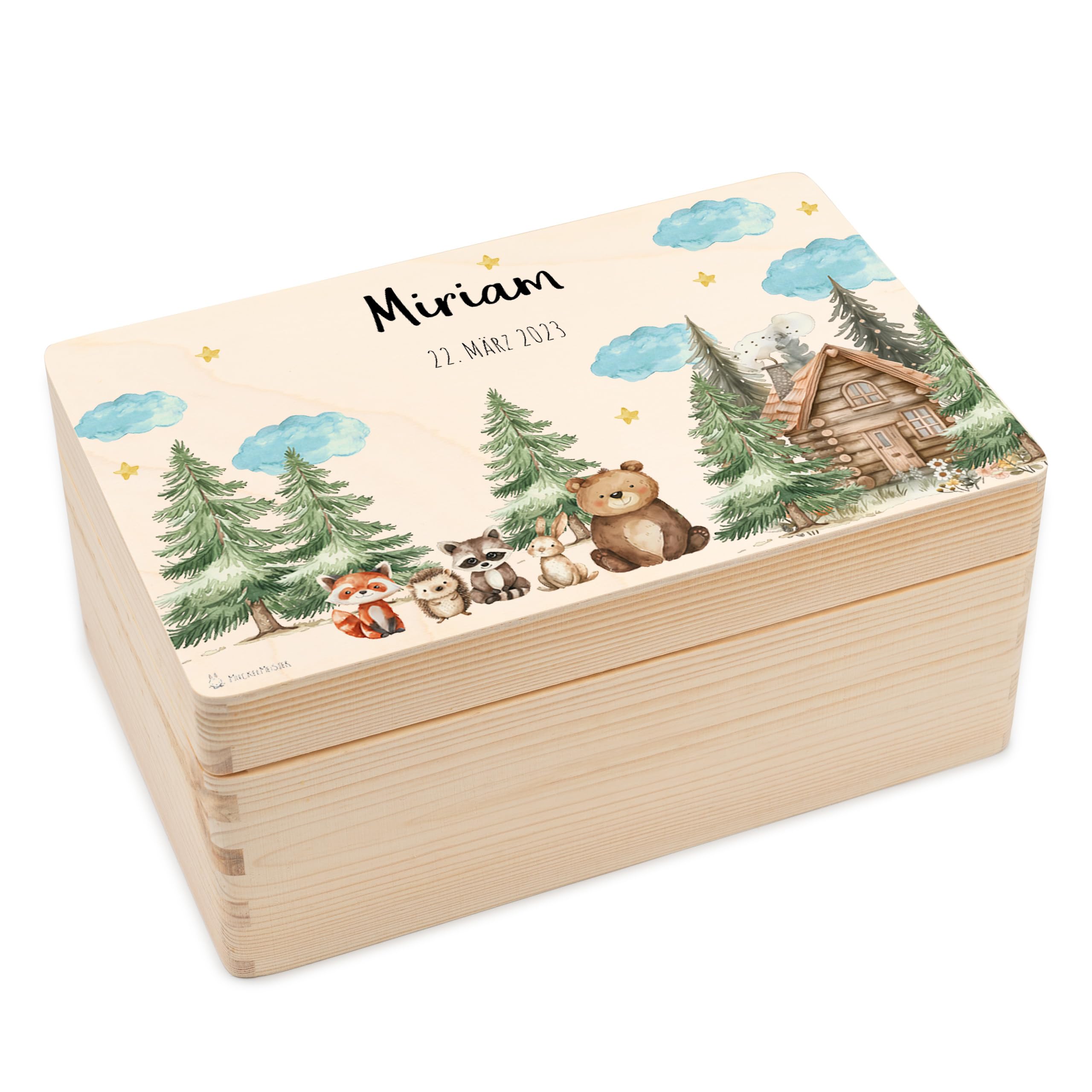Geschenkfreude Erinnerungsbox Baby Personalisiert - 30x20x14cm - UV-Druck - Individuelle Baby Aufbewahrungsbox - Erinnerungskiste aus Holz - Einzigartige Geschenke zur Geburt - Waldfreunde Hütte