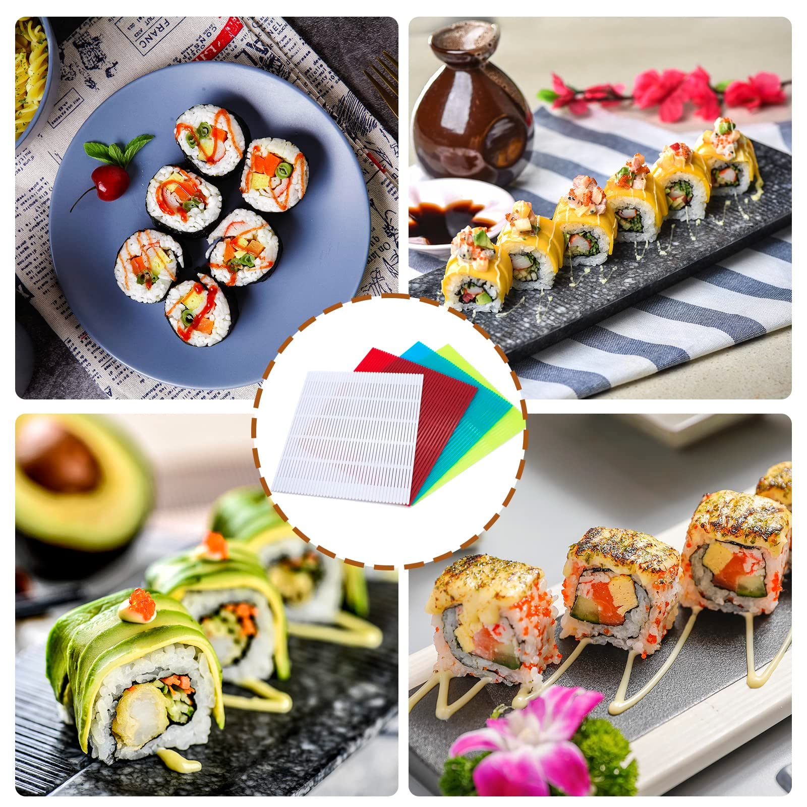 4 alfombrillas de plástico antiadherentes para sushi, kit de fabricación de rodillos de sushi hecho en casa con paleta de arroz, tapete de cocina de sushi japonés para el hogar, cocina y 7