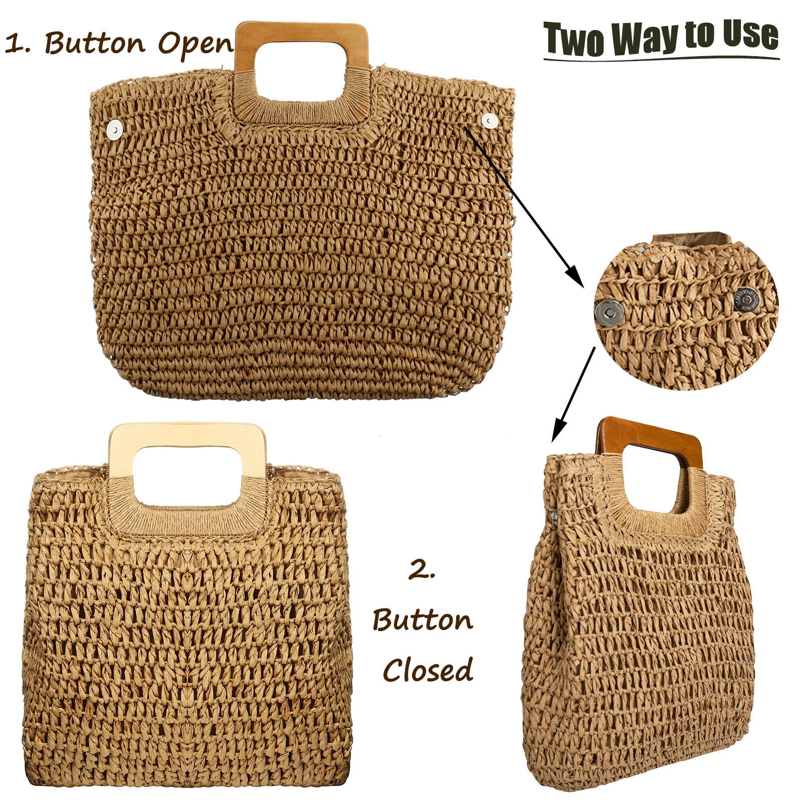 YYW Straw Tote Bag Women Hand Woven Large Casual Handbags Hobo Straw Beach Bag with Lining Pockets for Daily Use Beach Travel