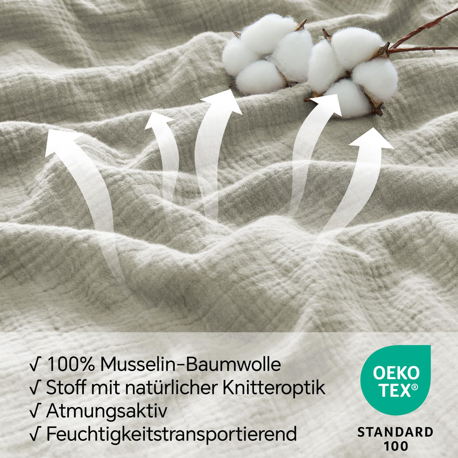 BEDELITE Musselin Bettwäsche 135x200 Baumwolle - ÖKO-TEX Bettwäsche-Sets Sommer Taupe 2teilig mit Reißverschluss, Bettbezug 135x200cm mit Kissenbezug 80x80 cm, weiche und atmungsaktiv