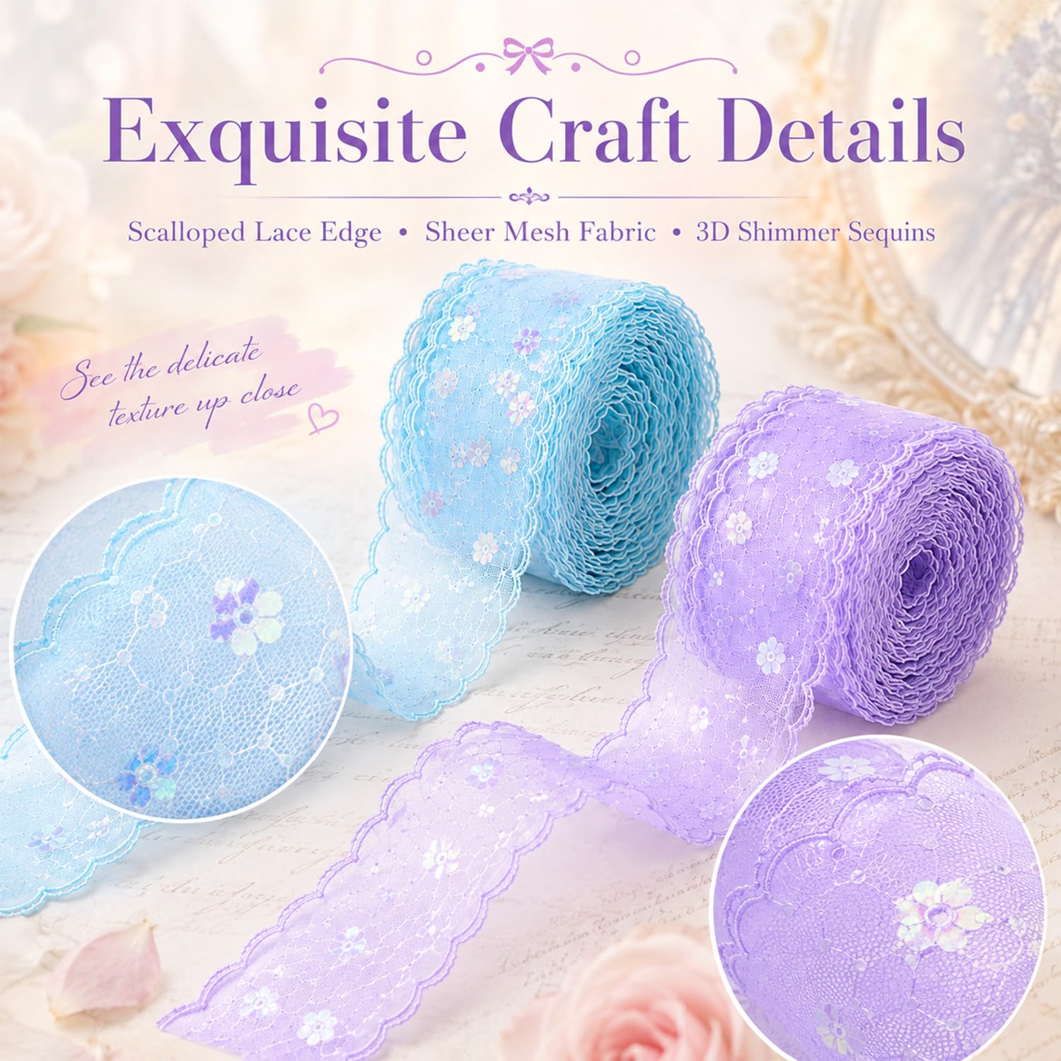 2 Rolls Lace Trim Ribbon 9 Meter Each, Sheer Floral Sequin Lace