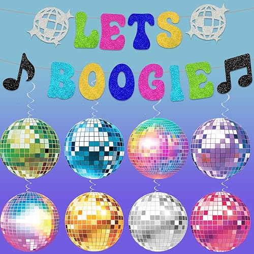 Miniatura 7 de Cartel retro con temática de discoteca "Lets Boogie" con purpurina y espirales colgantes de papel para decoración de Halloween, suministros de