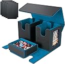 AFIING MTG Commander Card Storage Box - Fits 200 Double Sleeved Cards,3-in-1Card Deck Case,Strong Magnet Card Organizer For Magic Commander TCG CCG,4Dividers &2 Toploaders, Black/Cyan