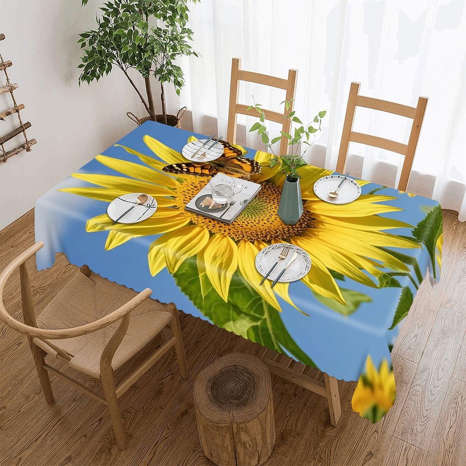 Sunflower And Butterfly Tablecloth Rectangle Table Cloth Decorative Fabric Table Cover Waterproof Seasonal Table Cover Wrinkle Resistant Washable Table Cloth for Party Picnic Dinner Decor 60"x86"