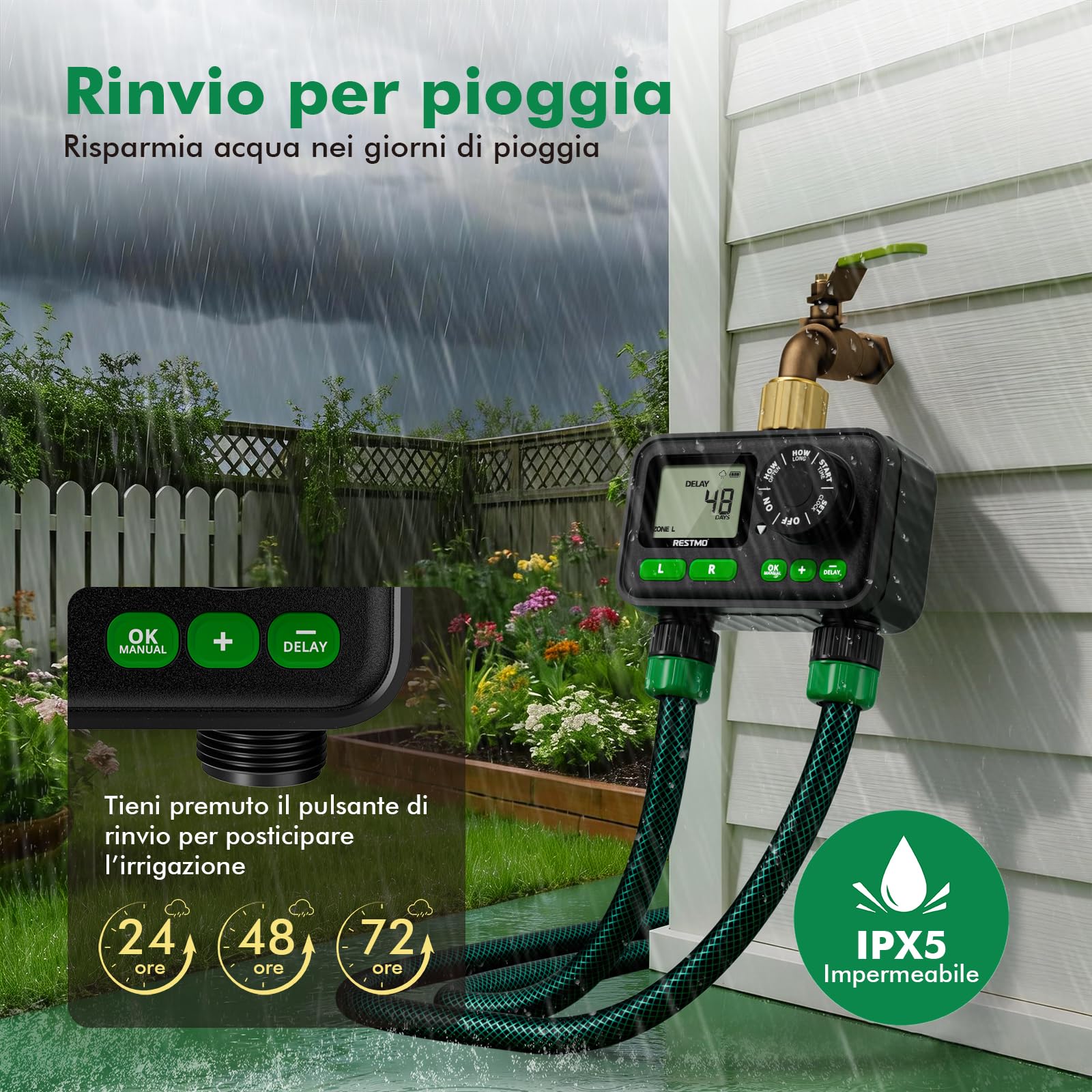 RESTMO Timer per Irrigazione a 2 Zona con Chip RF | Integrato per Accesso Remoto Opzionale, Automatico/Manuale/Ritardo Pioggia, Per Tubo da Giardino, Rubinetto Esterno