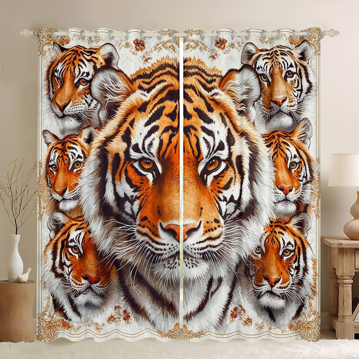Rideaux de fenêtre 3D tigre aquarelle marron et orange pour chambre d'enfant lot de 2 panneaux