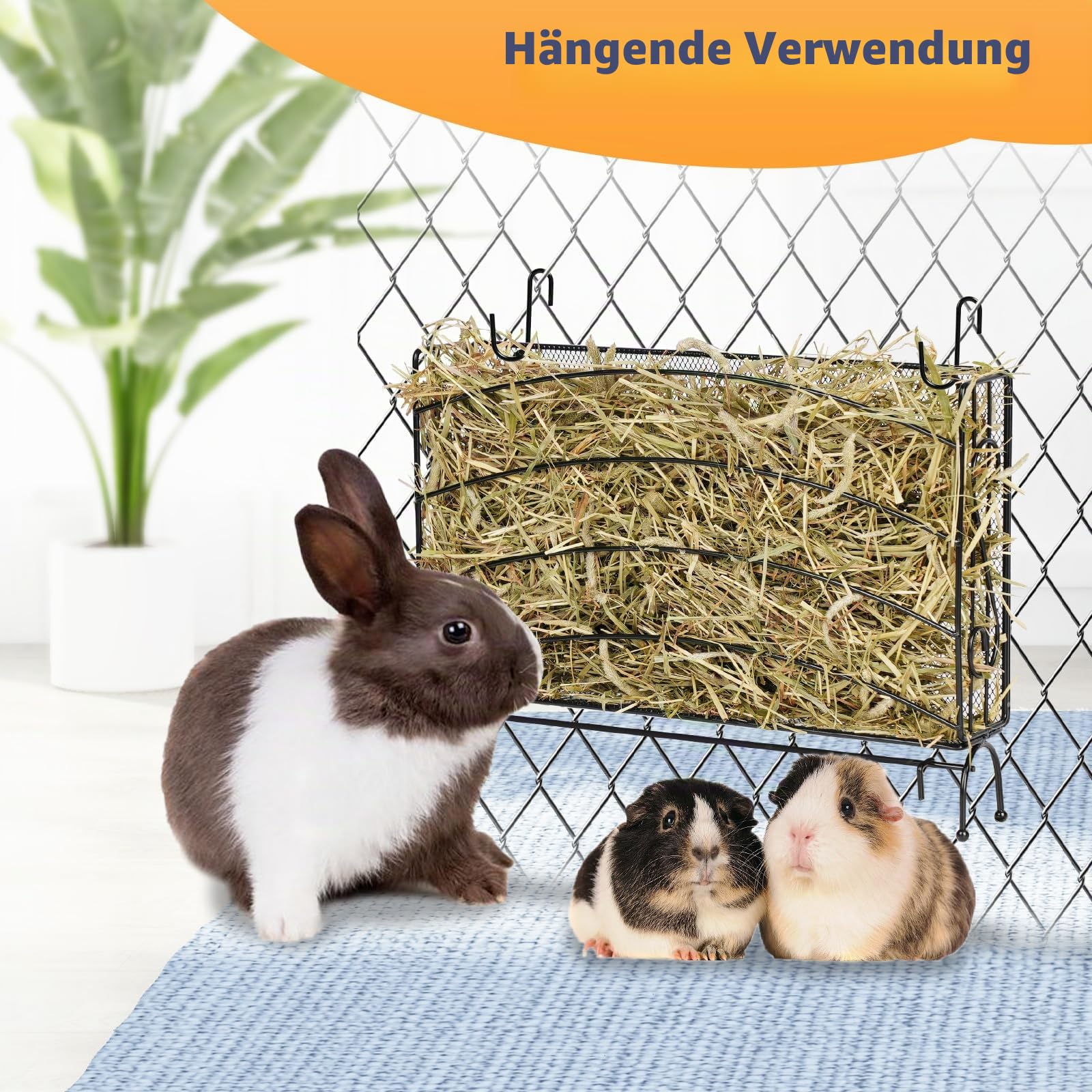 3‑in‑1 Heufutterautomat aus Metall ideal für Kaninchen, Hasen | Praktischer Heuraumhalter mit Kotschale und Futternäpfen, platzsparend & stabil für Meerschweinchen sowie Hamster