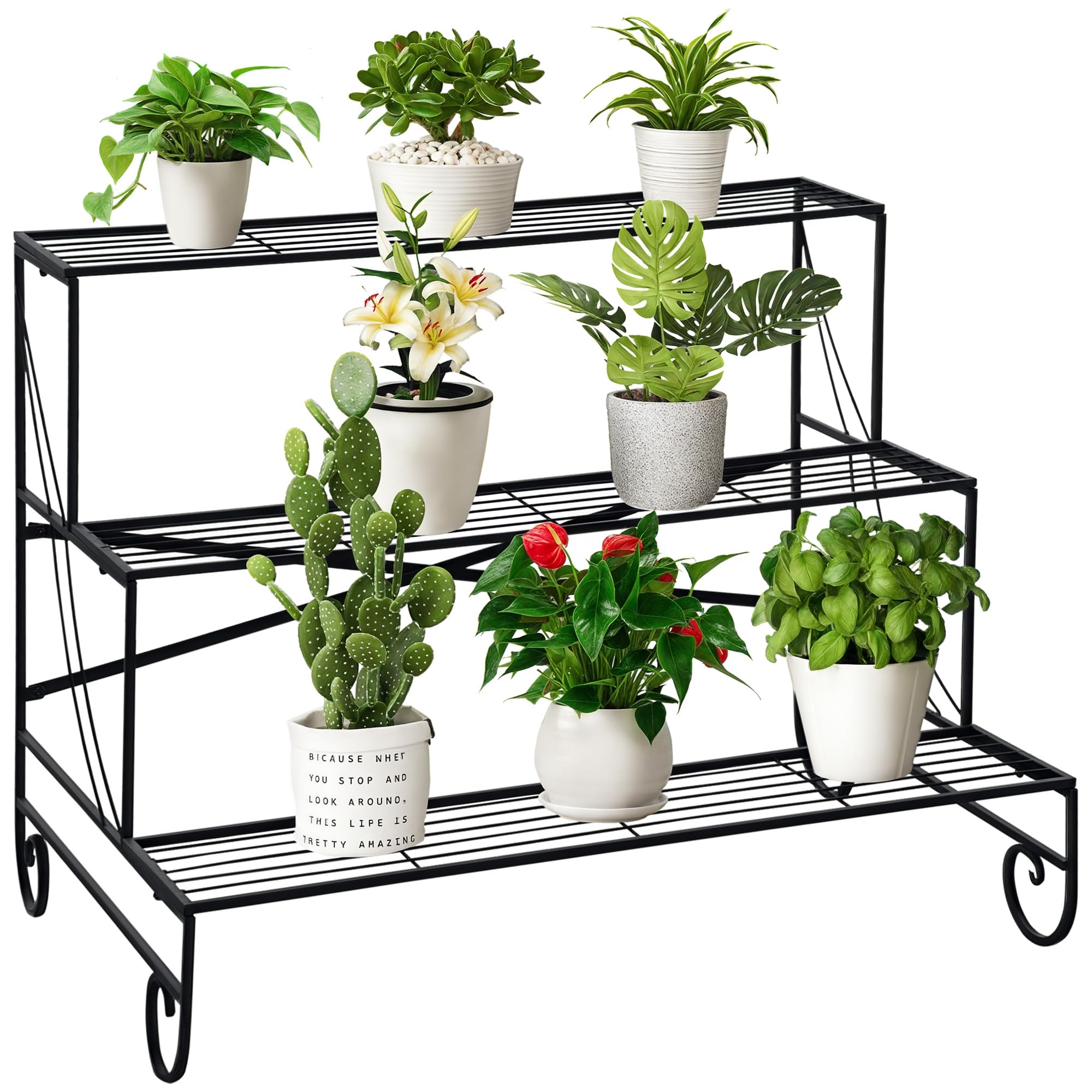 Outsunny Blumenständer 3 Stufen für Innen & Außen Schwarz 95 x 63 x 72 cm | Blumenregal aus Metall, Pflanzenregal, Blumentreppe, Garten, Balkon