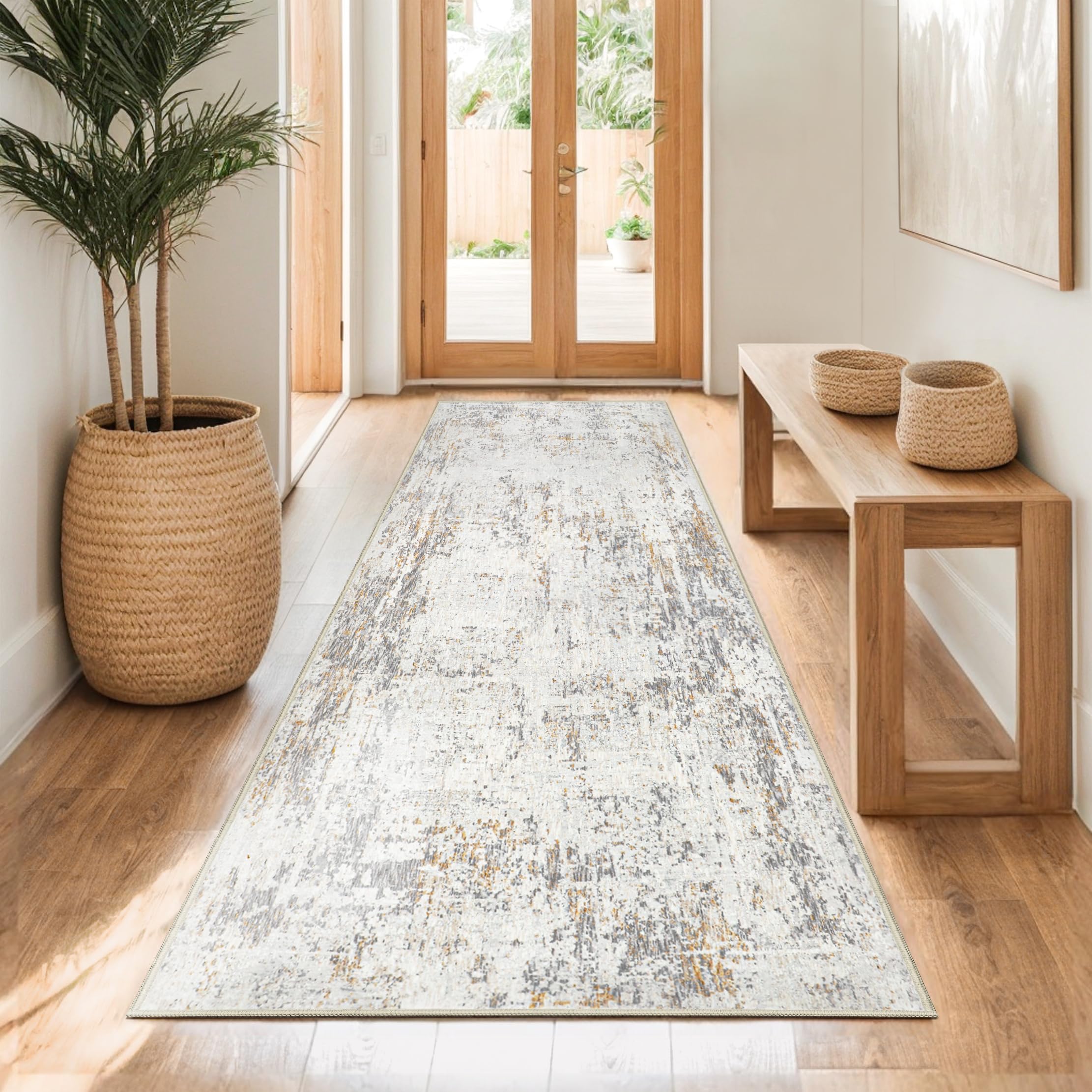 Capslpad Alfombra de pasillo 80 x 200 cm, color beige, abstracta, lavable, antideslizante, alfombra de cocina, moderna, minimalista de pelo corto, alfombra para salón o dormitorio