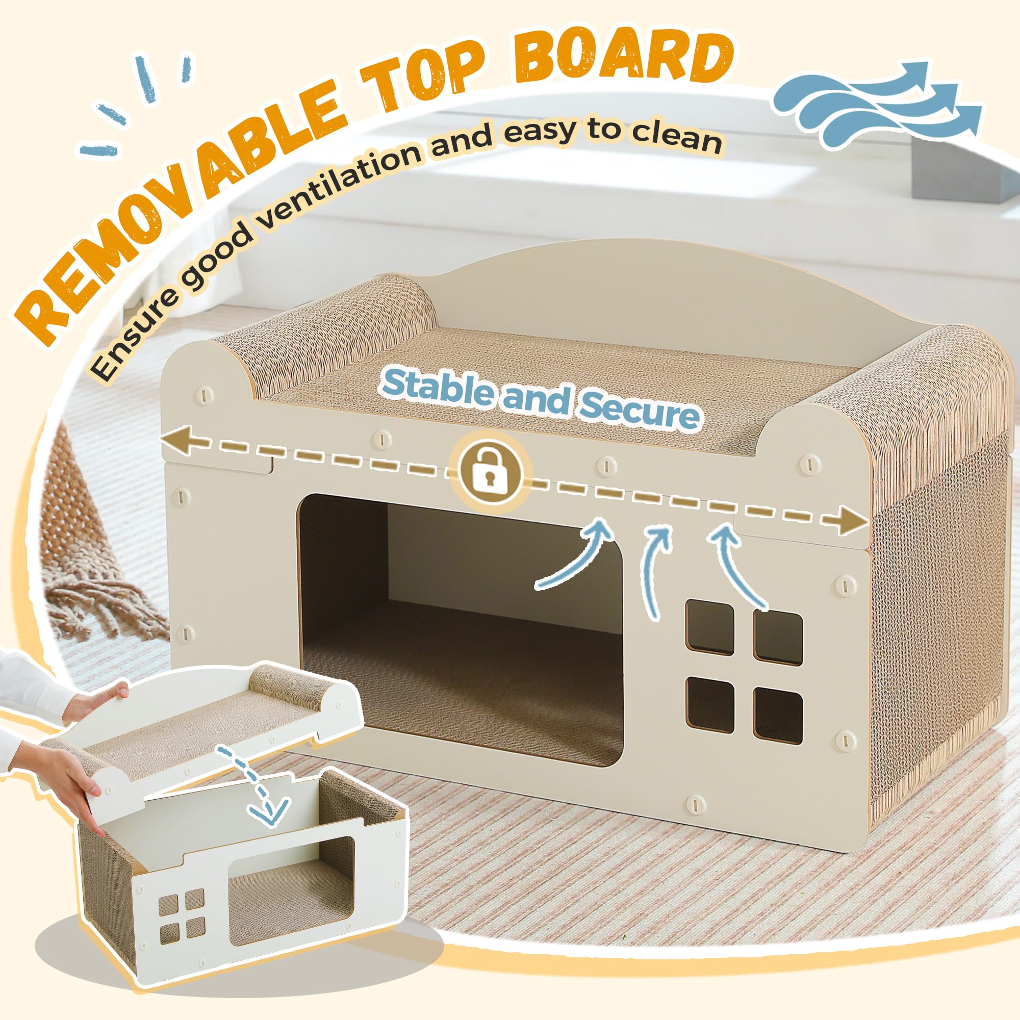 PAWZ Road Kratzbrett für Katzen, Katzenhöhle mit Kratzbrett, Katzenhaus Indoor aus Pappe, Kratzpappe für Katzen, Kratzpad Lounge, Langlebiges Katzenspielzeug 55 x 28 x 35 cm, Weiß