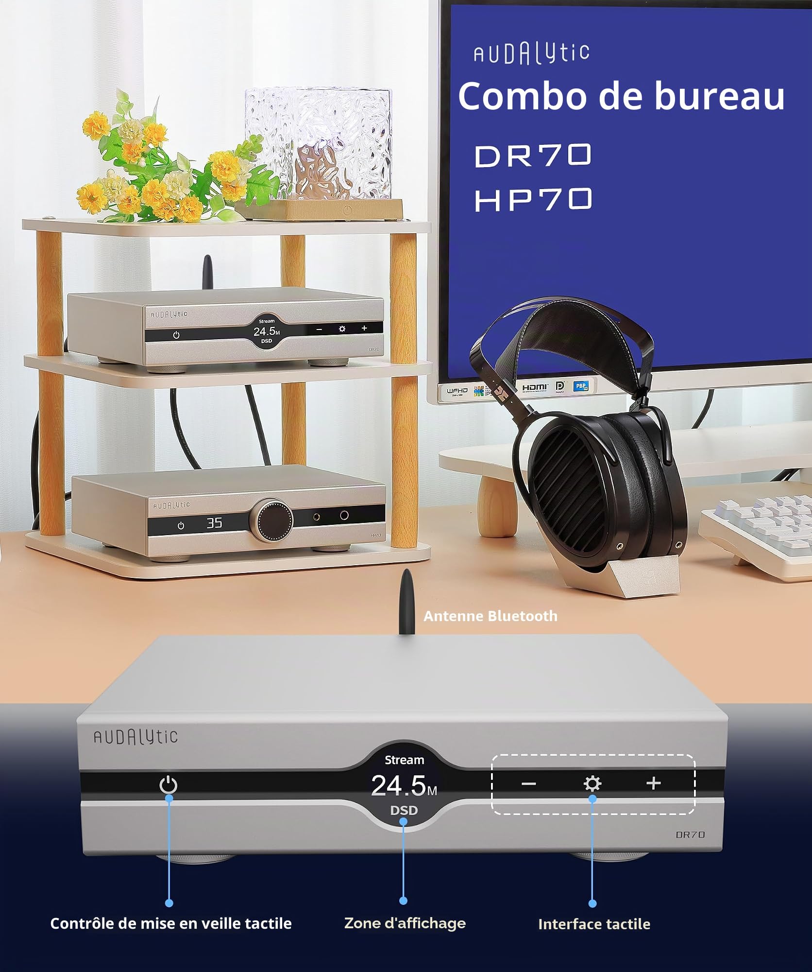 GUSTARD AUDALYTIC DR70N R2R Streaming DAC - Pont de réseau audio domestique Streaming CK-01 Clock Native 1-Bit-DSD-D/A Convertisseur DSD512&PCM768kHz (Noir)