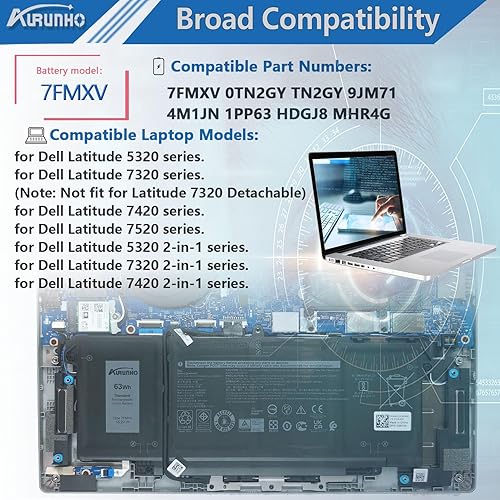 Miniatura 4 de 7FMXV 63Wh - Batería de repuesto para laptop Dell Latitude 5320 7320 7420 7520 Latitude (5320 7320 7420) Serie 2 en 1 0TN2GY TN2GY 9JM71 4M1JN 1PP63