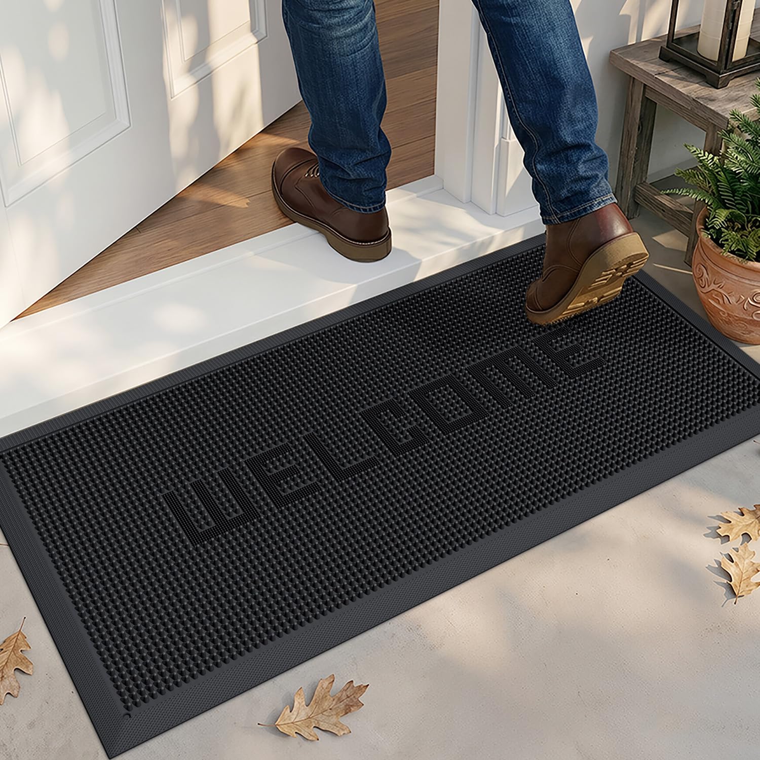 DEXI Welcome Door Mat, Non-slip Dirt Scraper Outdoor Mats with Drainage Holes, Waterproof Low Profile Doormats Outside for Entrance, Patio, Garden, 43 x 90 cm, Welcome-Black