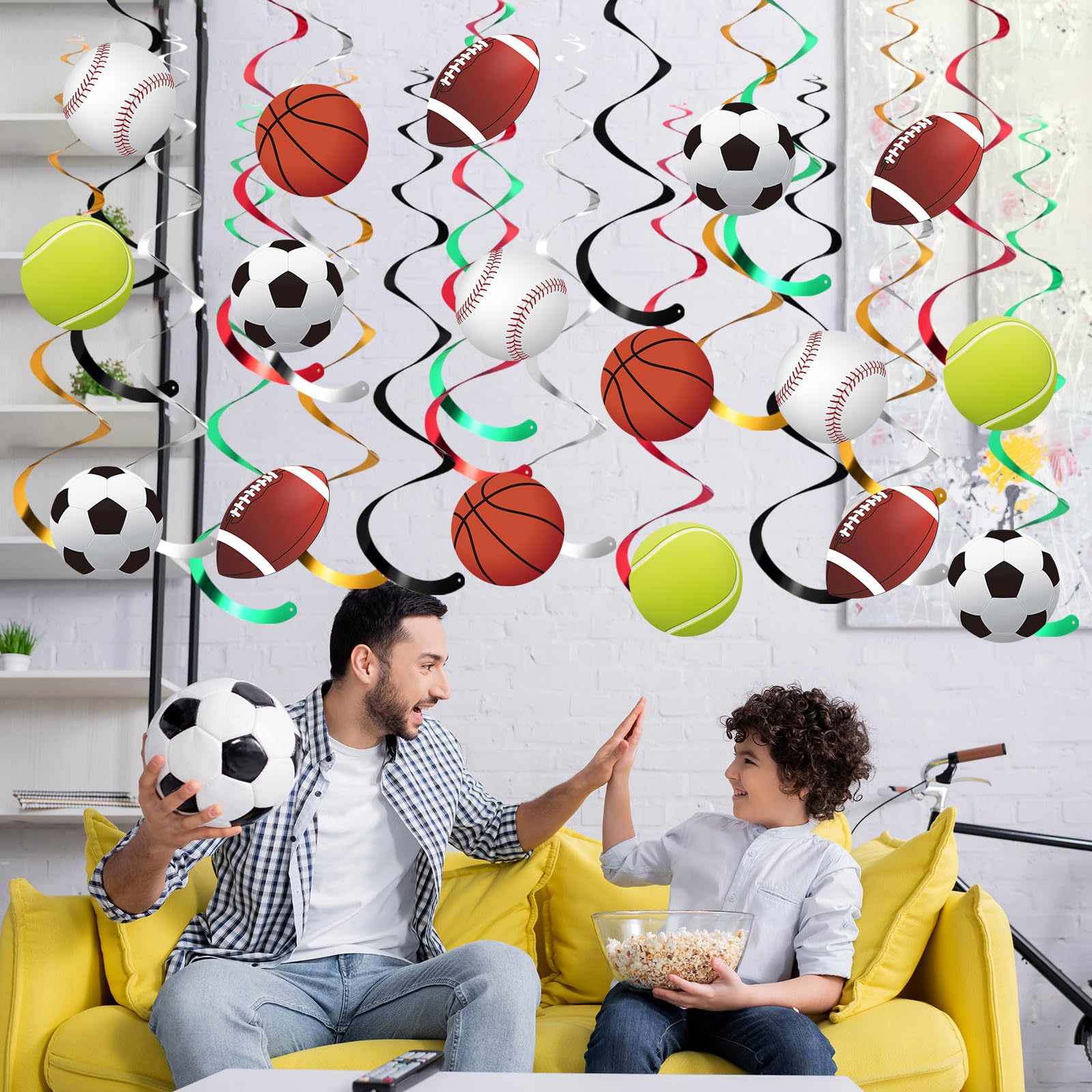 Dianelhall 60 Decoraciones Remolinos Colgantes de Fiesta Deportiva Serpentinas de Techo con Recortes de Pelota de Baloncesto Fútbol Béisbol Tenis Fútbol Americano Cumpleaños con Tema Deporte