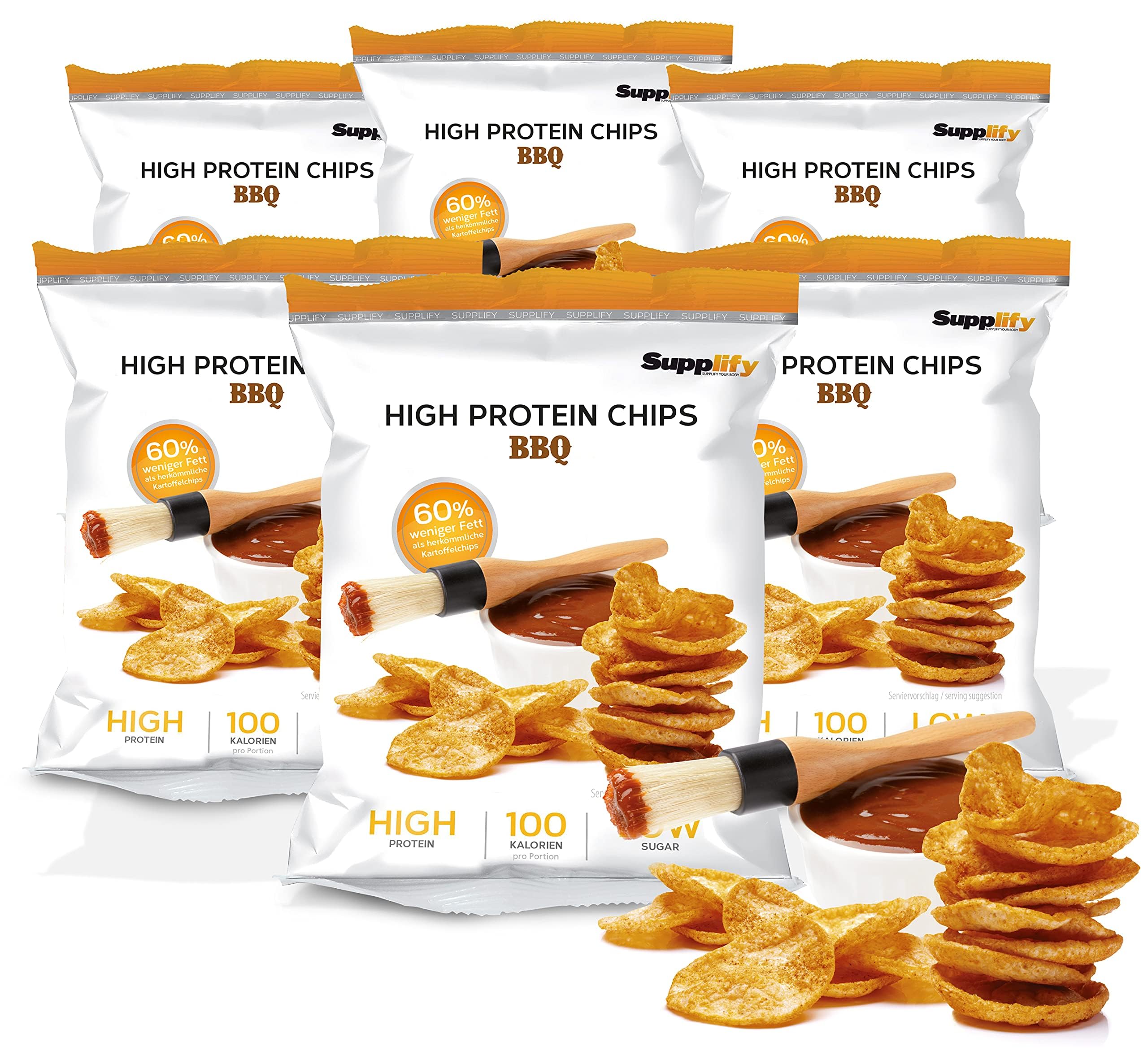 Supplify 6x50g High Protein-Chips mit BBQ Geschmack - Low Carb Eiweißchips zum Abnehmen - Proteinchips kalorienarm, Fitness Snack Alternative
