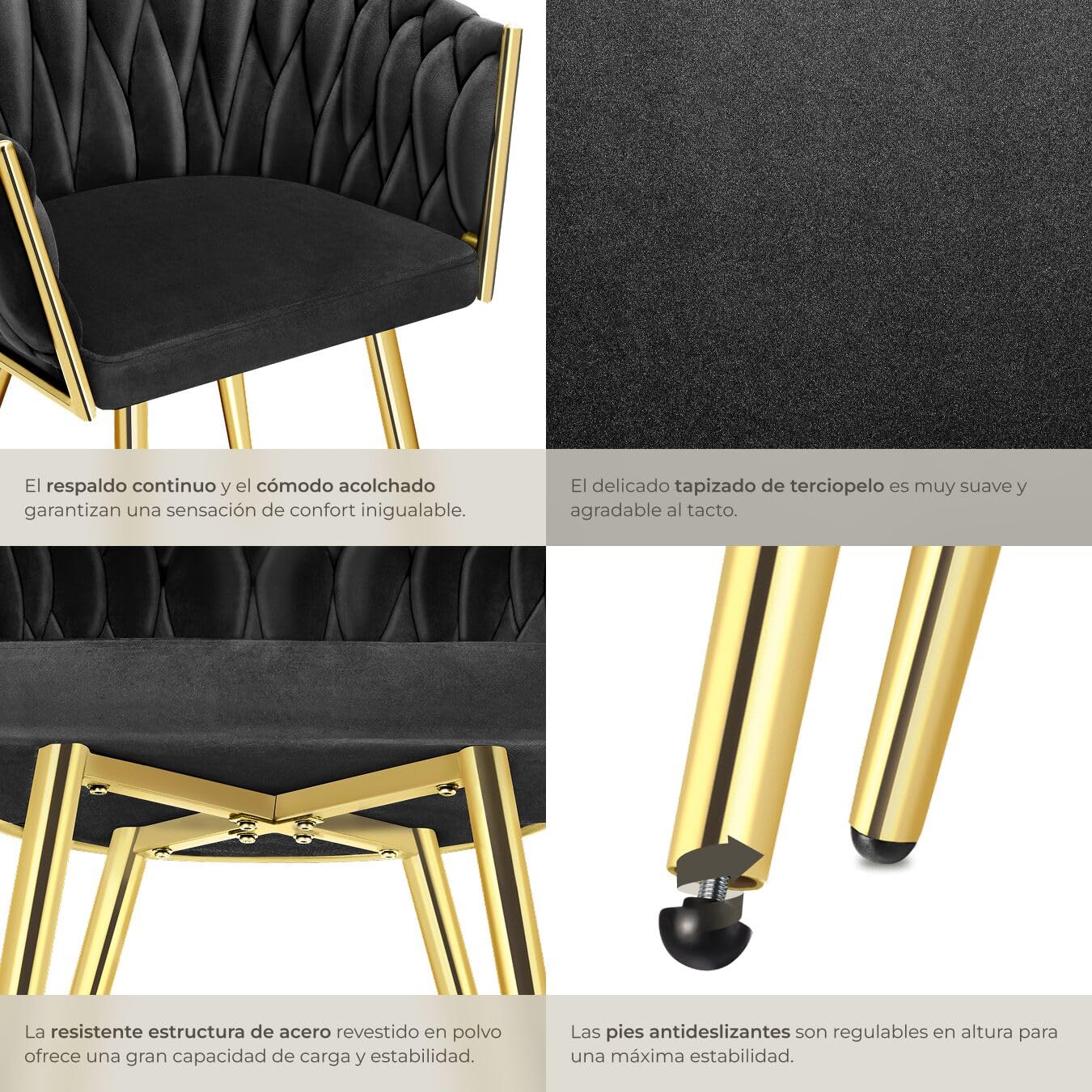 tectake® Juego De Sillas de Comedor, Silla Acolchada con Reposabrazos, Diseño Anudado, Estructura de Acero, Cocina, Sillas Comedor Nordica - 4 Sillas Negro/Oro