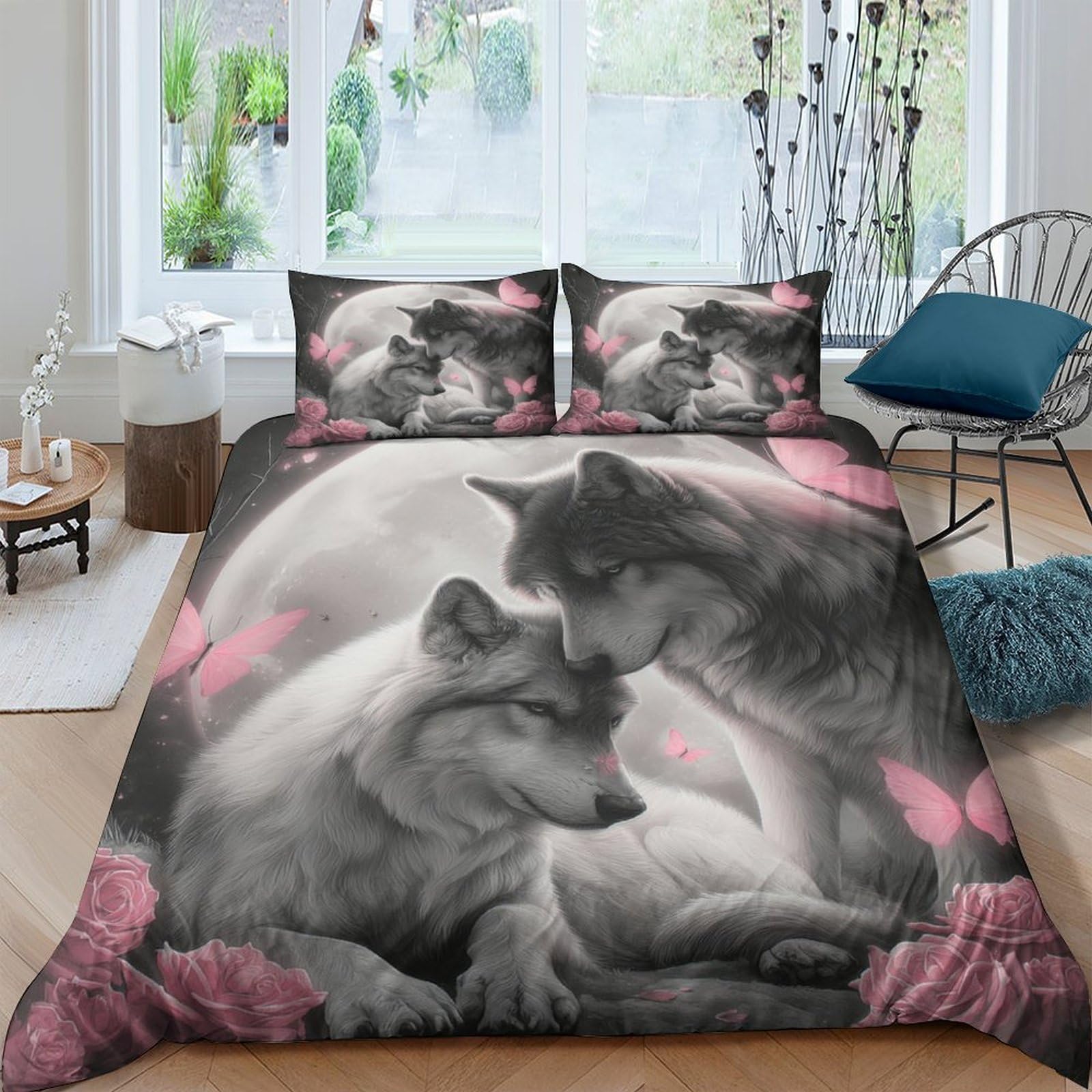 Ctjqhvkz Style-1 3D Printed Wolf And Cat Fitted Sheet Microfiber Soft Pink Butterfly Bed Cover For Bedroom Dorm Mattress Decoration Single（135X200cm）