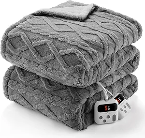 CAROMIO Electric Blanket Queen Size Dual Control - Thick Tufted Sherpa Heated Blanket Queen with 10 Heating Levels and 10 Time Settings, ETL Certified Fast Heating Blanket Queen Size 84"×90", Grey