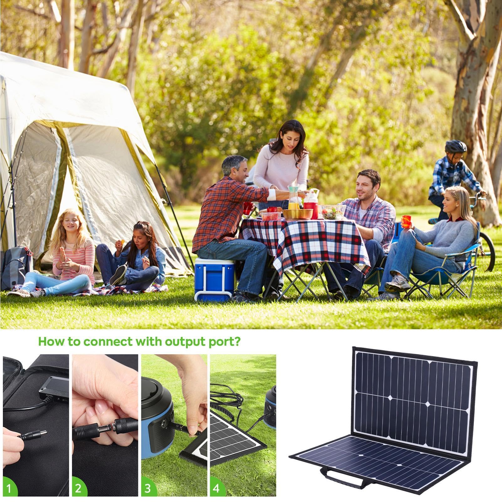 Kit di pannelli portatili,Caricatore solare pieghevole da 60 W con | morsetto per batteria e cavo CC | Kit pannello solare per campeggio, camper, marina, telecamera con 2 uscite USB