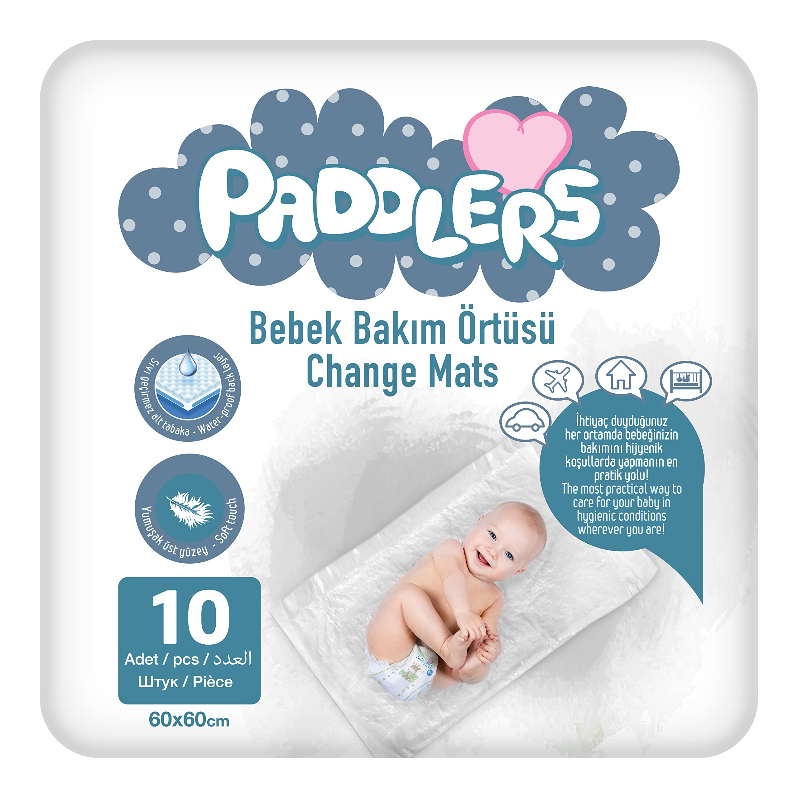 Paddlers Bebek Bakım Örtüsü 60x60 cm 10 Adet – Alt Açma Bezi, Emici Örtü