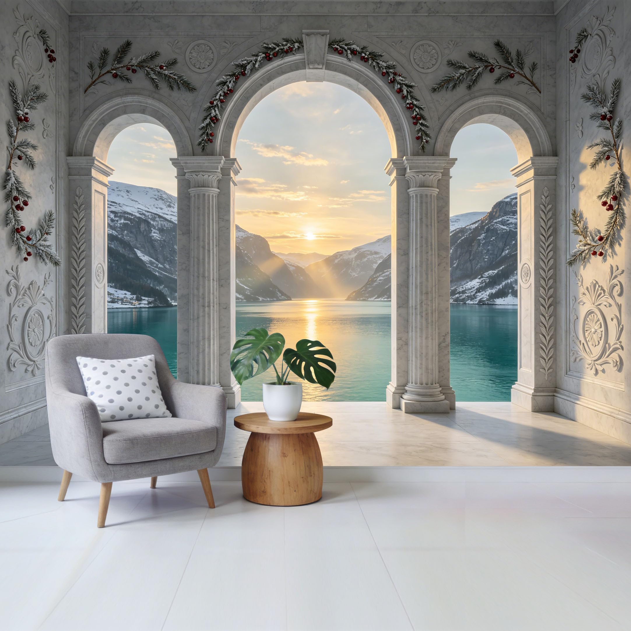 Removable Self Adhesive Fabric Mural， Neoclassical Marble Arch Mountain Lake Sunset Custom Size Wall Covering， UV Protected Waterproof Washable Wall Decor for Living Room Bedroom Bathroom