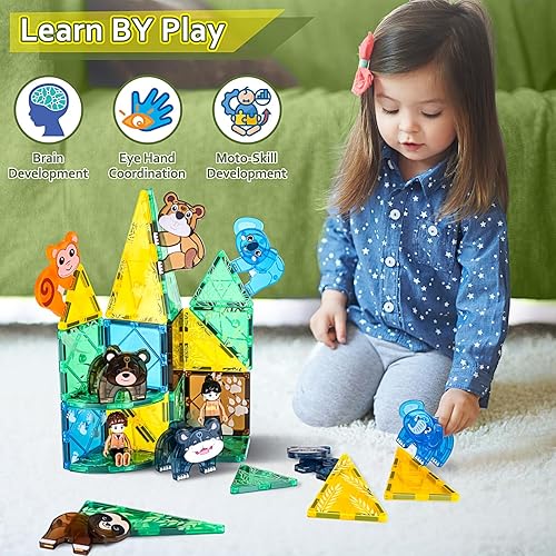 Miniatura 5 de Asago Juego de azulejos magnéticos de dinosaurio con juego de animales de safari, juguetes de bloques de construcción magnéticos para niños pequeños