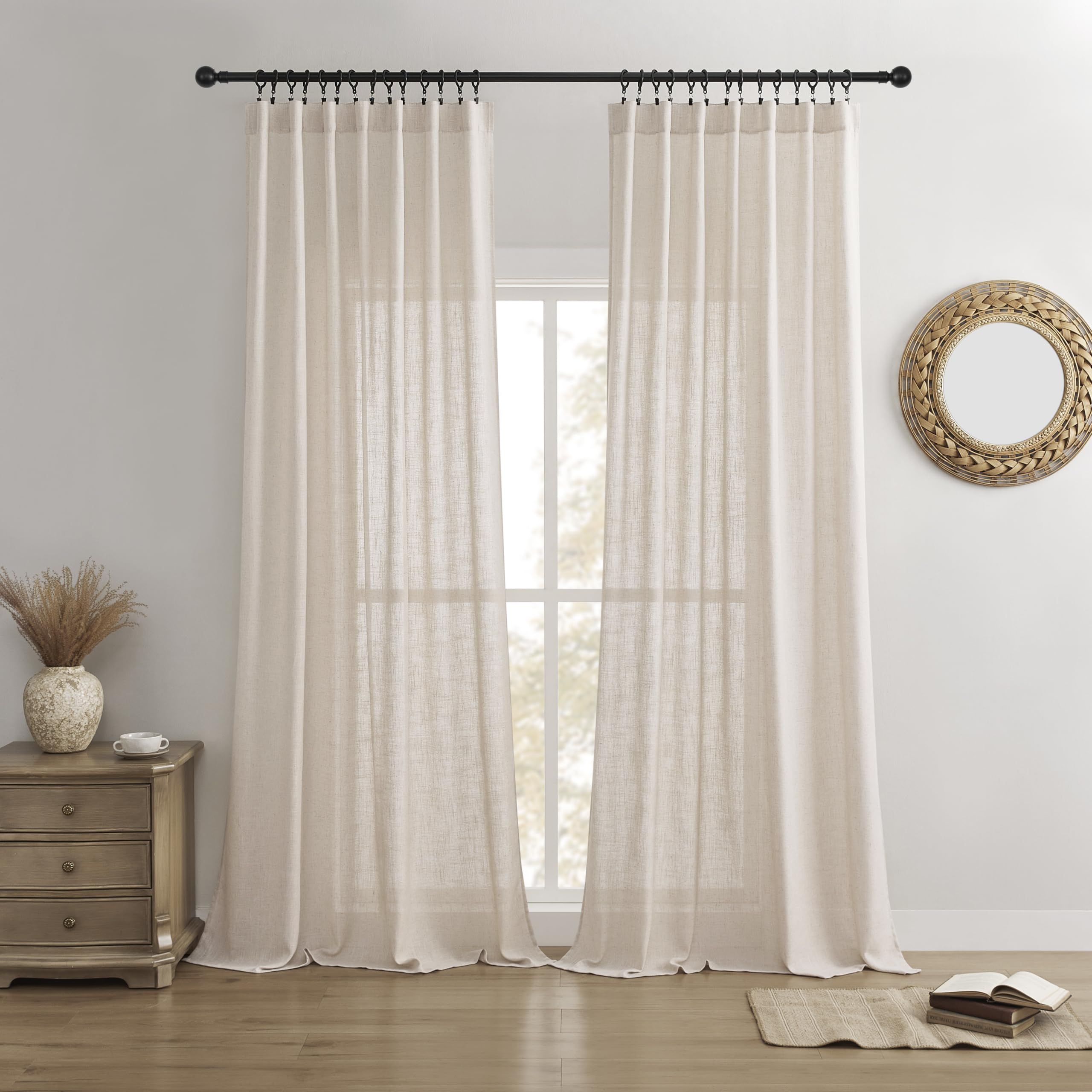 Joydeco Linen Curtains for Living Room,Semi Sheer Drapes Window Long Curtains 84 inches Long Sheer Bliss