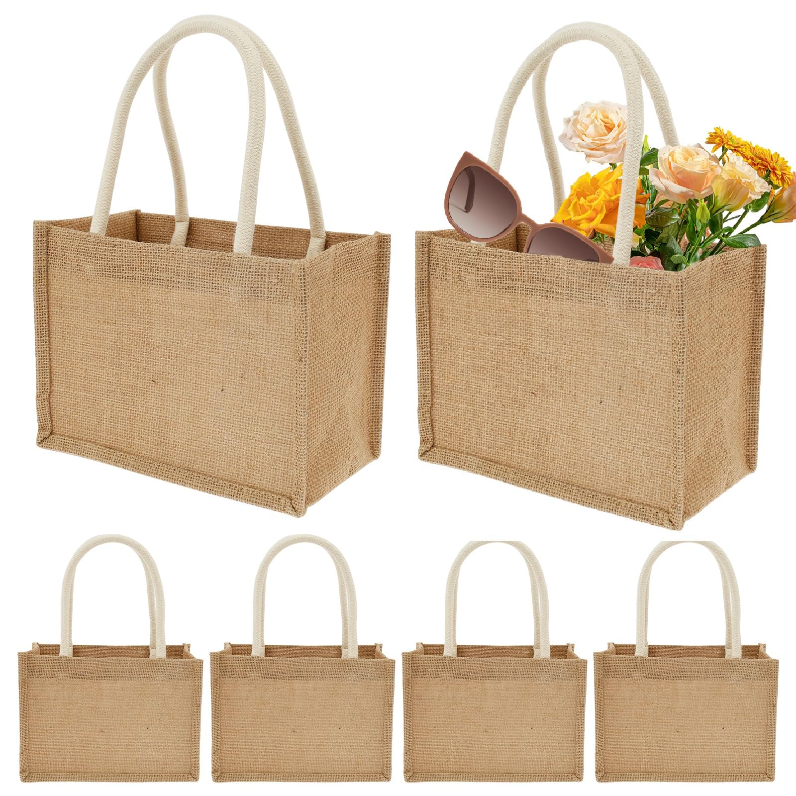 6Pack Burlap Tote Bags, 23×11x16cm Jute Gifts Tote with Handles, Small Beach Bags, Grocery Shopping Bag for Thanksgiving, Christmas, Bridesmaid, DIY, Shopping, Pool, Wedding(6Pack)