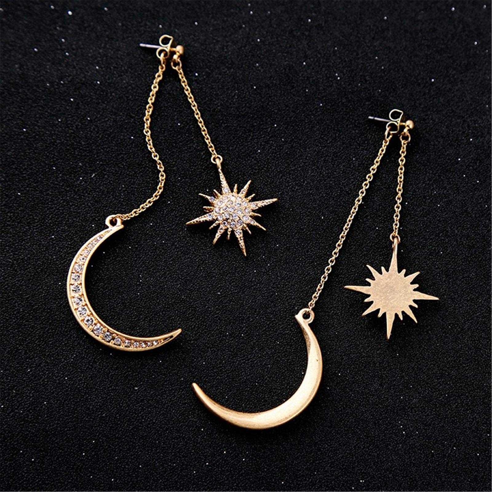 Boucles d'oreilles pendantes bohèmes en forme de lune et d'étoile asymétriques en cristal lune et soleil goutte - Longues boucles d'oreilles rétro exquises style punk accessoires bijoux pour