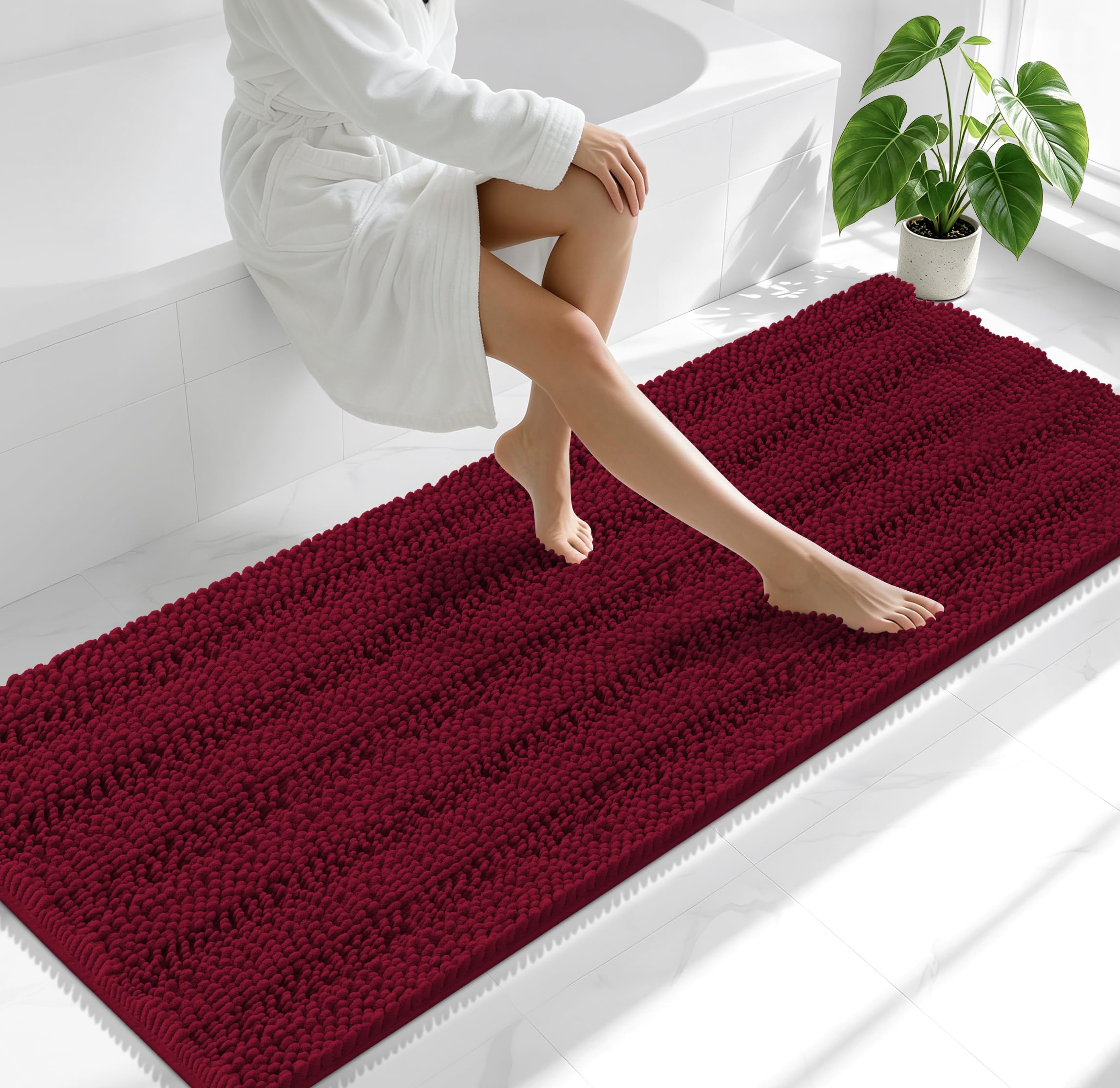 Smiry Thick Chenille Bathroom Runner Rugs 70x24, Soft Bath Mat, Burgundy
