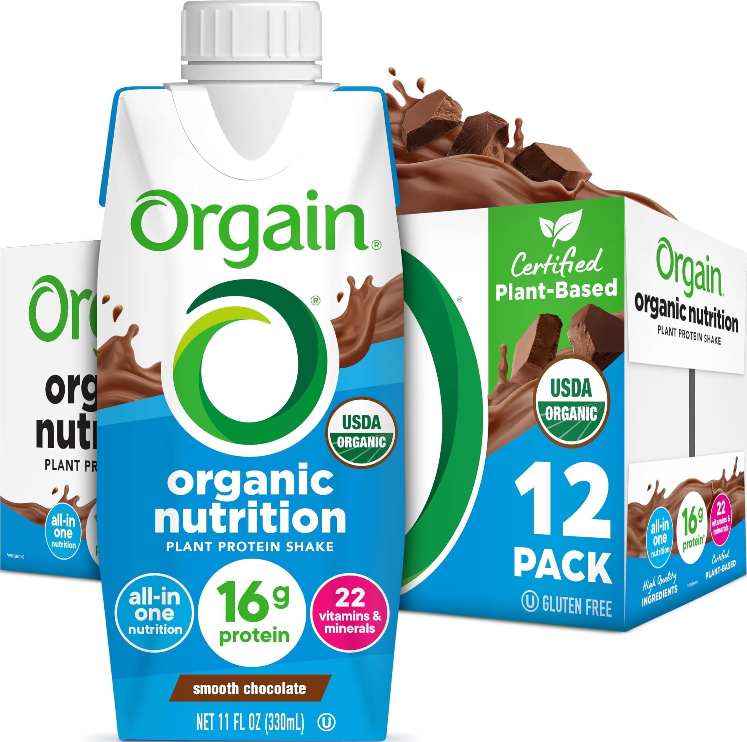 Orgain Organic Nutritional Vegan 16g Protein Shake, Chocolate, 11 oz, 12pk | Ready to drink plant based protein, meal replacement, 22 vitamins & minerals, fruits & vegetables, non-GMO, gluten-free Chocolate 11 Fl Oz (Pack of 12)