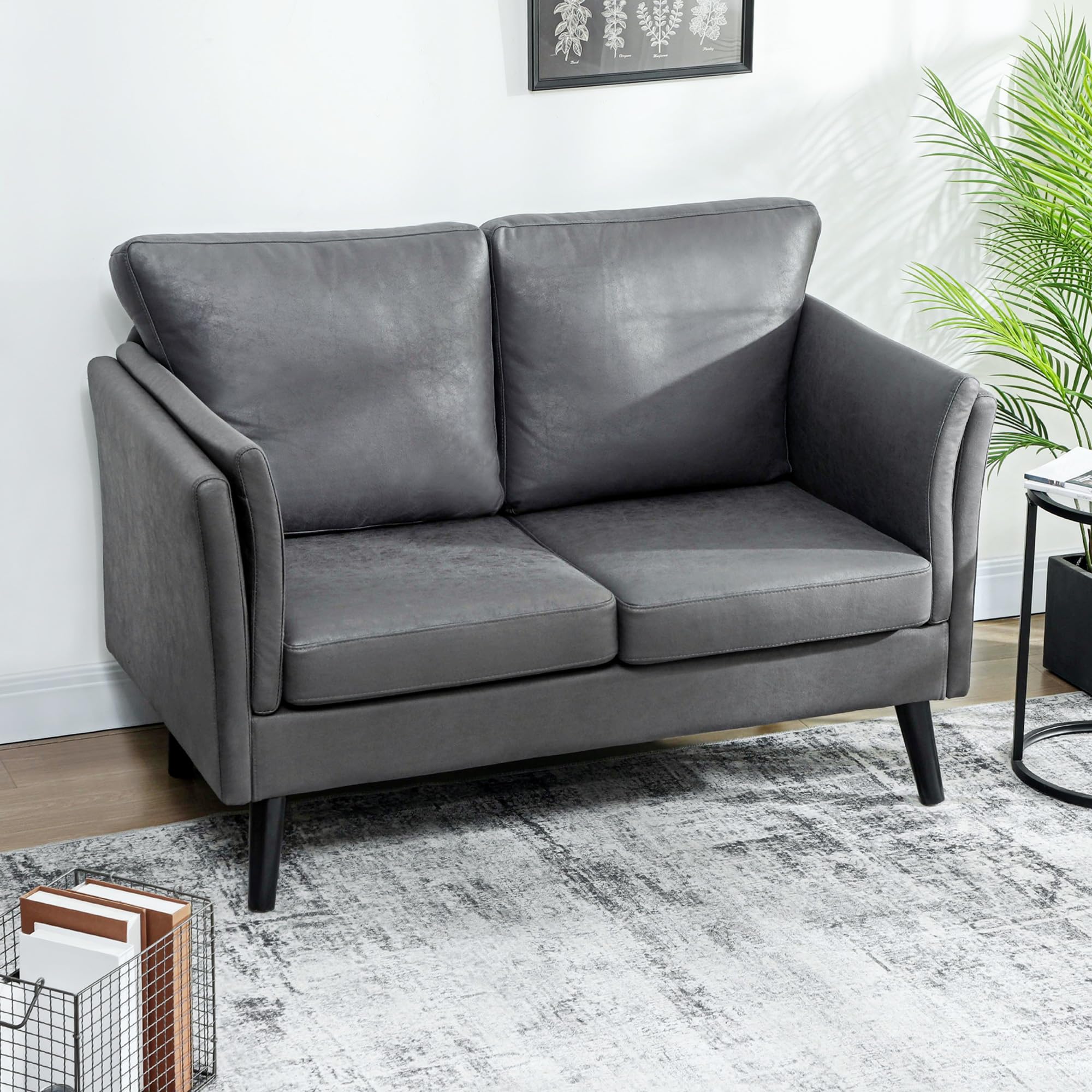 HOMCOM 2 Seater Sofa, Modern Small Sofa with Thicken Cushion, High-Resilience Foam, Rubber Wood Legs, Leathaire Upholstered Loveseat Settee for Living Room, Bedroom, Home Office, Grey