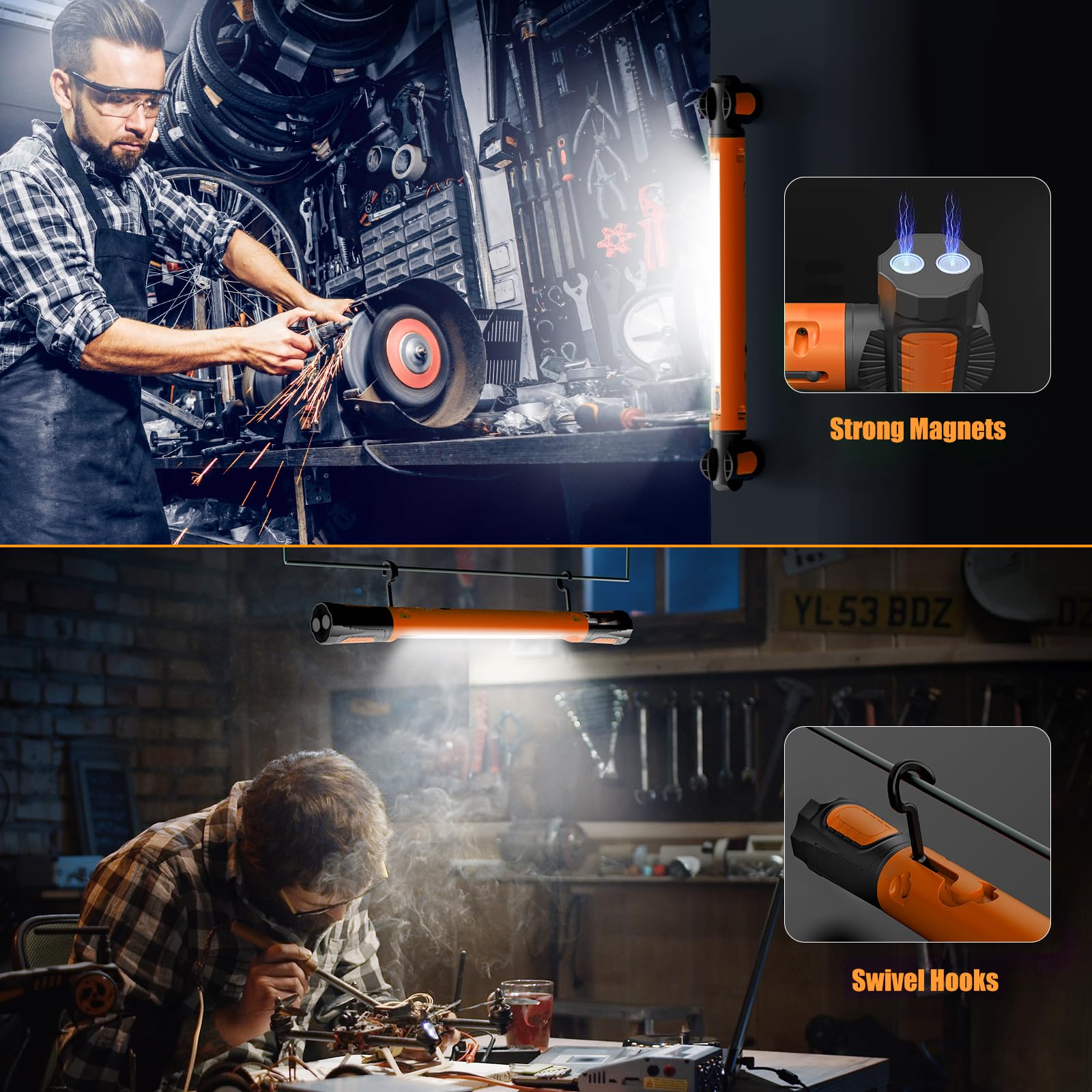 Luz de trabajo, luz de trabajo LED de 3000 lm, luz de trabajo magnética recargable de 5200 mAh, luces de trabajo inalámbricas debajo del capó con ganchos para mecánicos, inspección, taller,