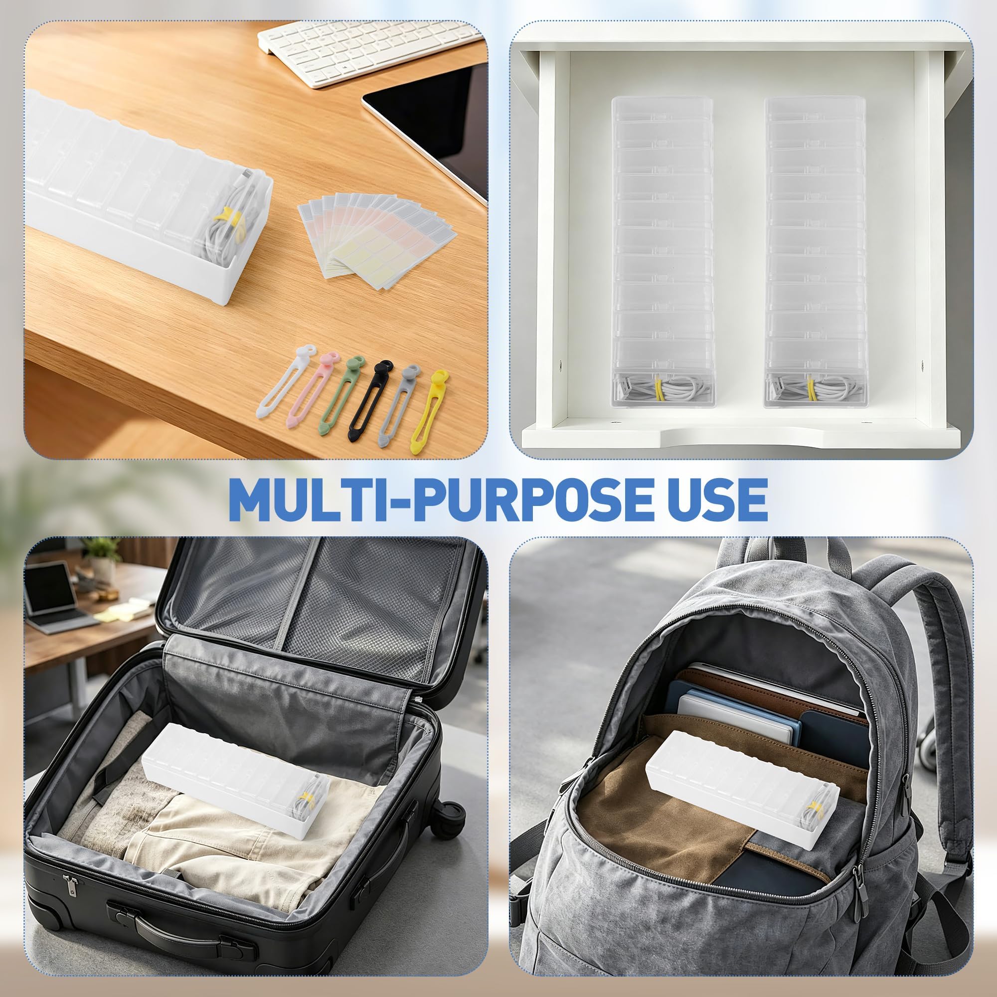 Confezione da 2 organizer per cavi con fascette metalliche, organizer per caricabatterie da scrivania, organizer per caricabatterie con custodie trasparenti adesivi per ufficio e casa