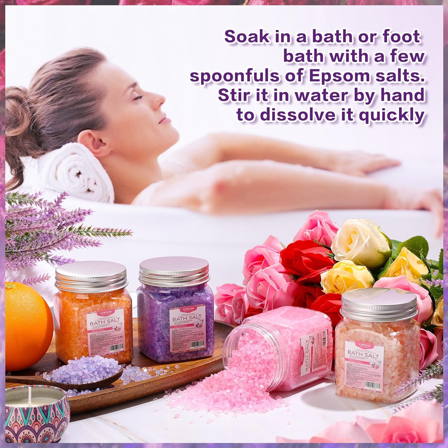 4 Pack Bath Salts Soaking Kit Himalayan Pink Salt Lavender Orange Rose Pink Scent Epsom Salt Bubble Bath Women Christmas Gift Dead Sea Salt Moisturizing Skin - Image 5