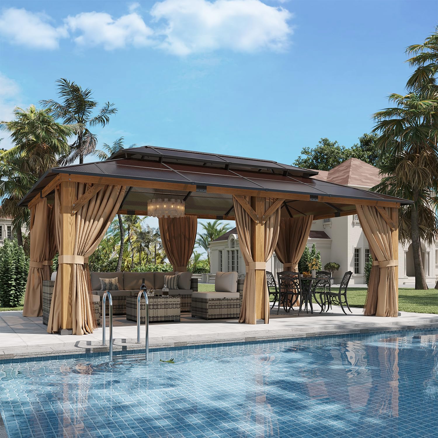 Aoxun 12x20 Wood Gazebo with Double Polycarbonate Roof