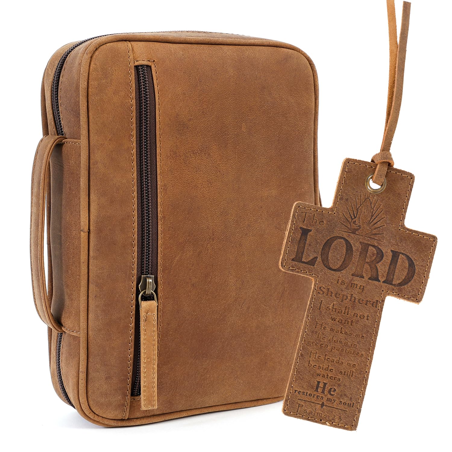 ELIZO Leather Bible Cover for Men Bible Case for Women Zippered Holder Protector Cross Church Tote Bag Carrying Organizer Sleeve Gift Standard Saddle