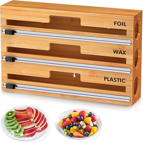 Dispensador de plástico 3 en 1 con cortador dispensador de almacenamiento de cajones de cocina adecuado para envoltura de plástico papel de aluminio