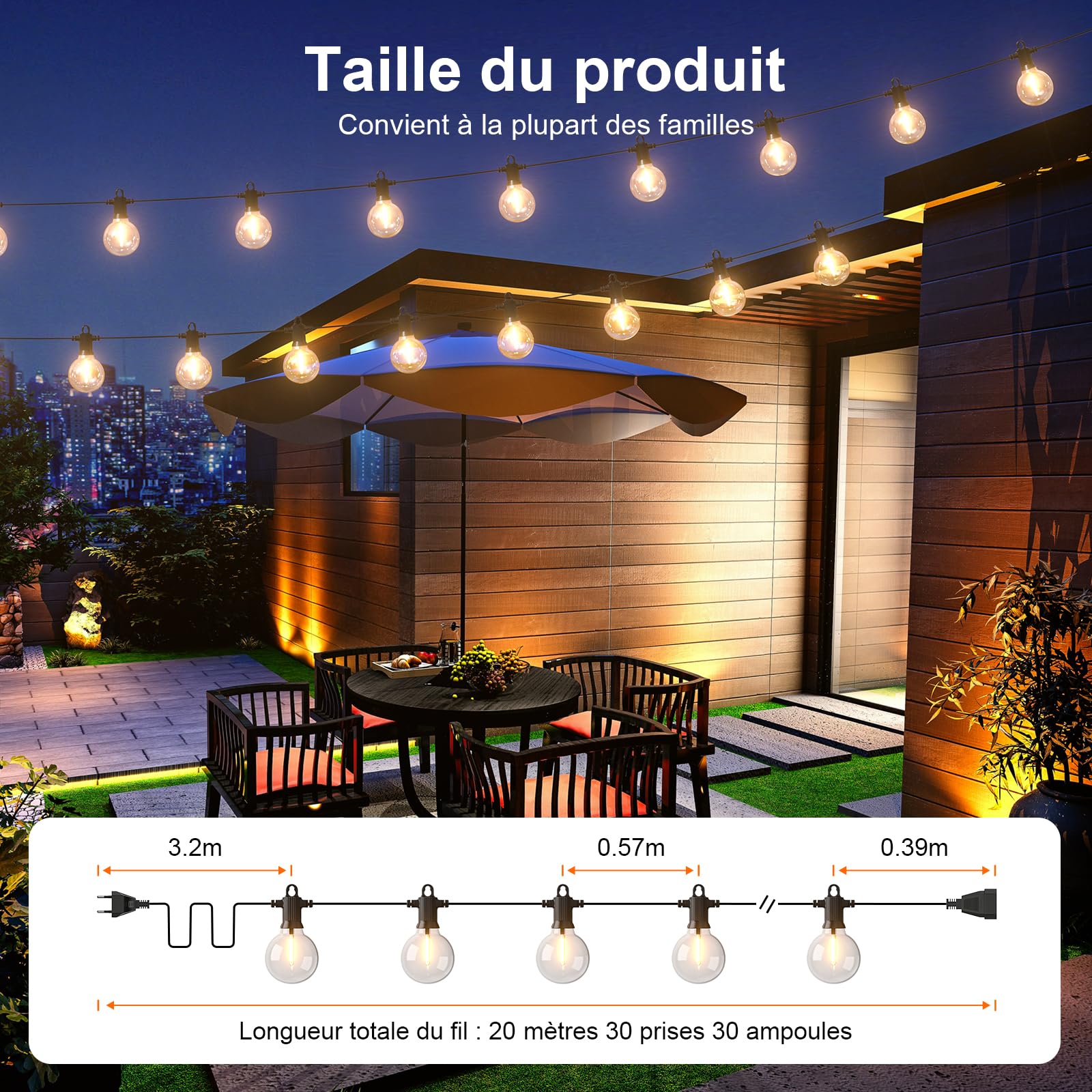 Kawaya 20M Luces Led Exterior Jardin Blanco Cálido Guirnalda Luces Exterior Con 30+2 Bombillas Inastillables Guirnaldas De Luces IP65 Impermeable Luces Terraza Exterior Para Fiesta Patio Balcón