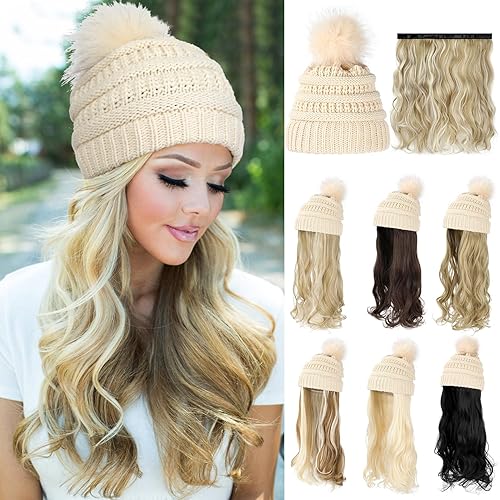 Lansigreen Gorro con peluca, gorro con cabello, extensiones largas y onduladas, gorro de punto con pompones, 20 pulgadas, sintético, extraíble, para