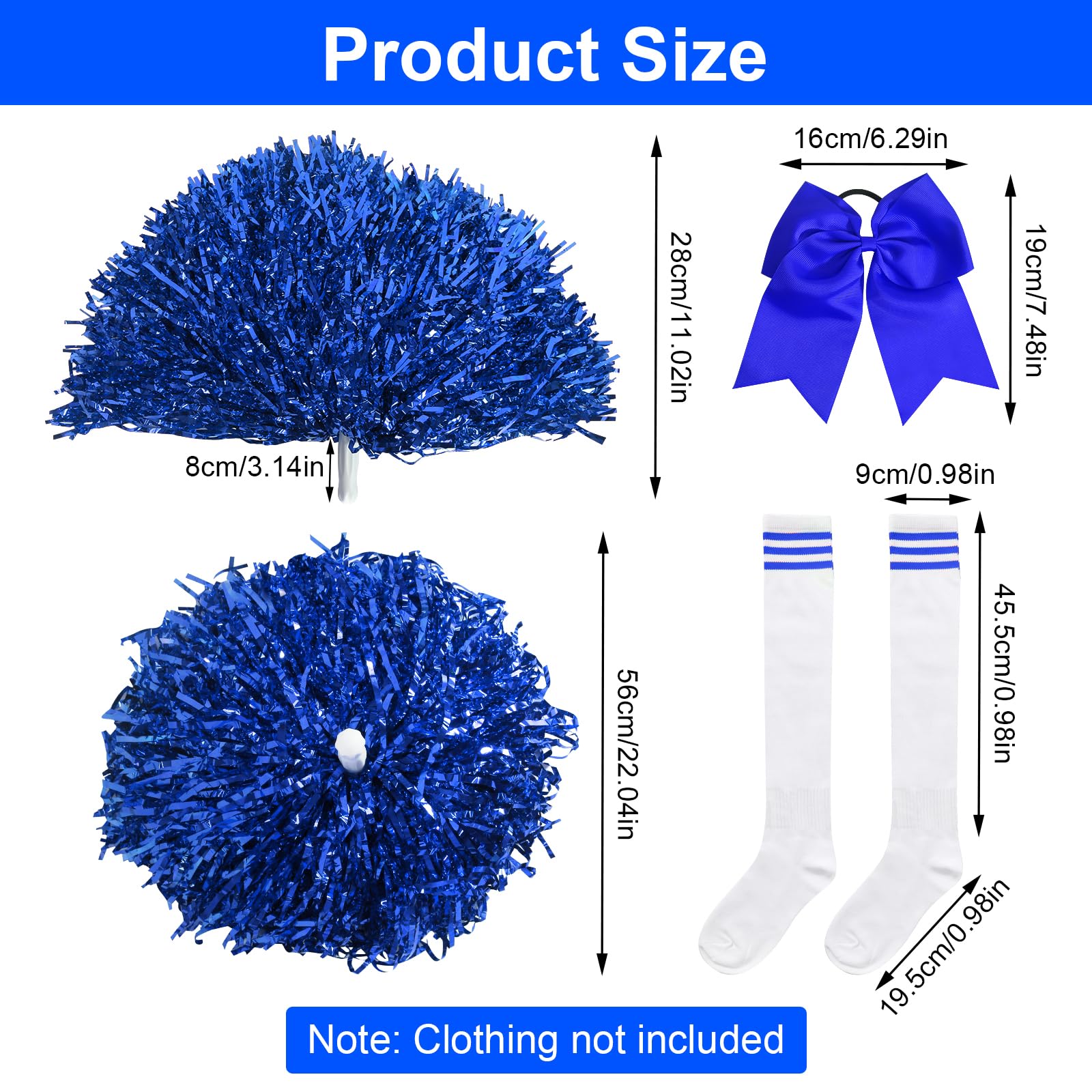 Pompons Pom-pom Girl, 2 Pièces Pompom Girl Pompom Poms avec Chaussettes et Gomme pour Cheerleading, Pompom Girls avec Poignées, Poms Cheer Poms pour Cheerleading et Gymnastique (Bleu)