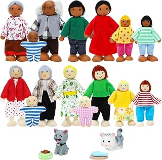 ONEST 20 Pieces Wooden Dollhouse Family Set Mini People Figures Dog Cat ...