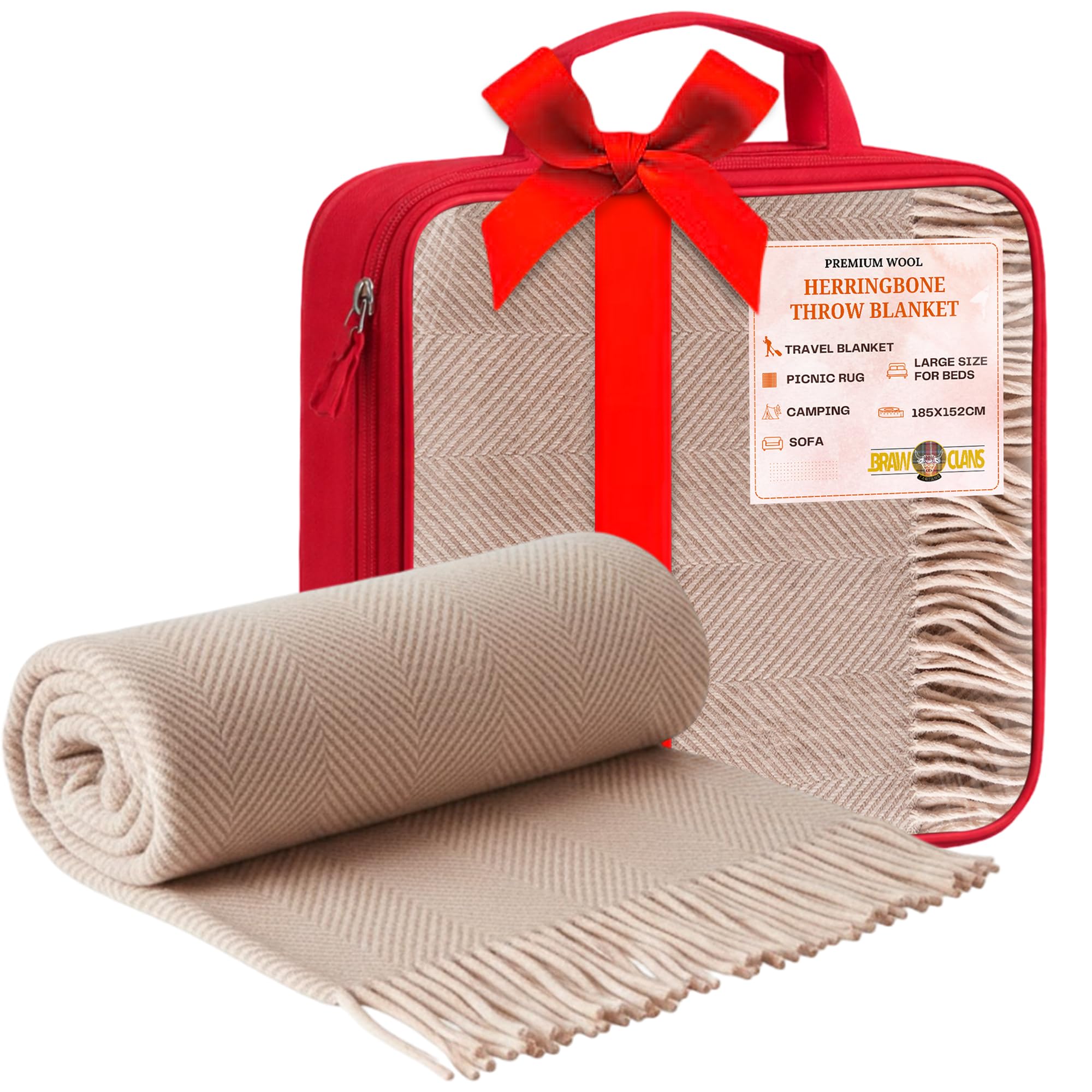 Braw Clans Tartans Pink Premium Wool Herringbone Throw - Blanket Colour - 185X152cm - Soft, Durable Recycled - Winter Travel, Sofa, Picnic Rug - Large Size For Beds & Camping