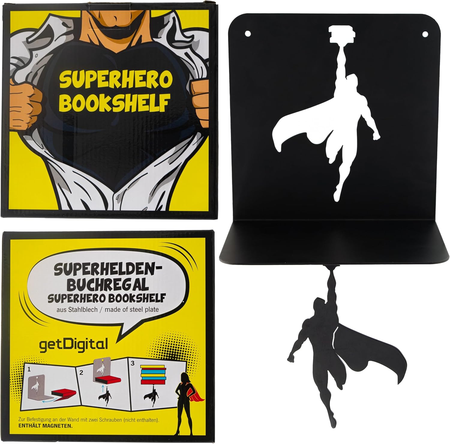 getDigital Superhero Bookshelf - Small Wall-Mounted Metal Shelf for Comic Book Fans - Black, 21,3 x 21 x 15 cm