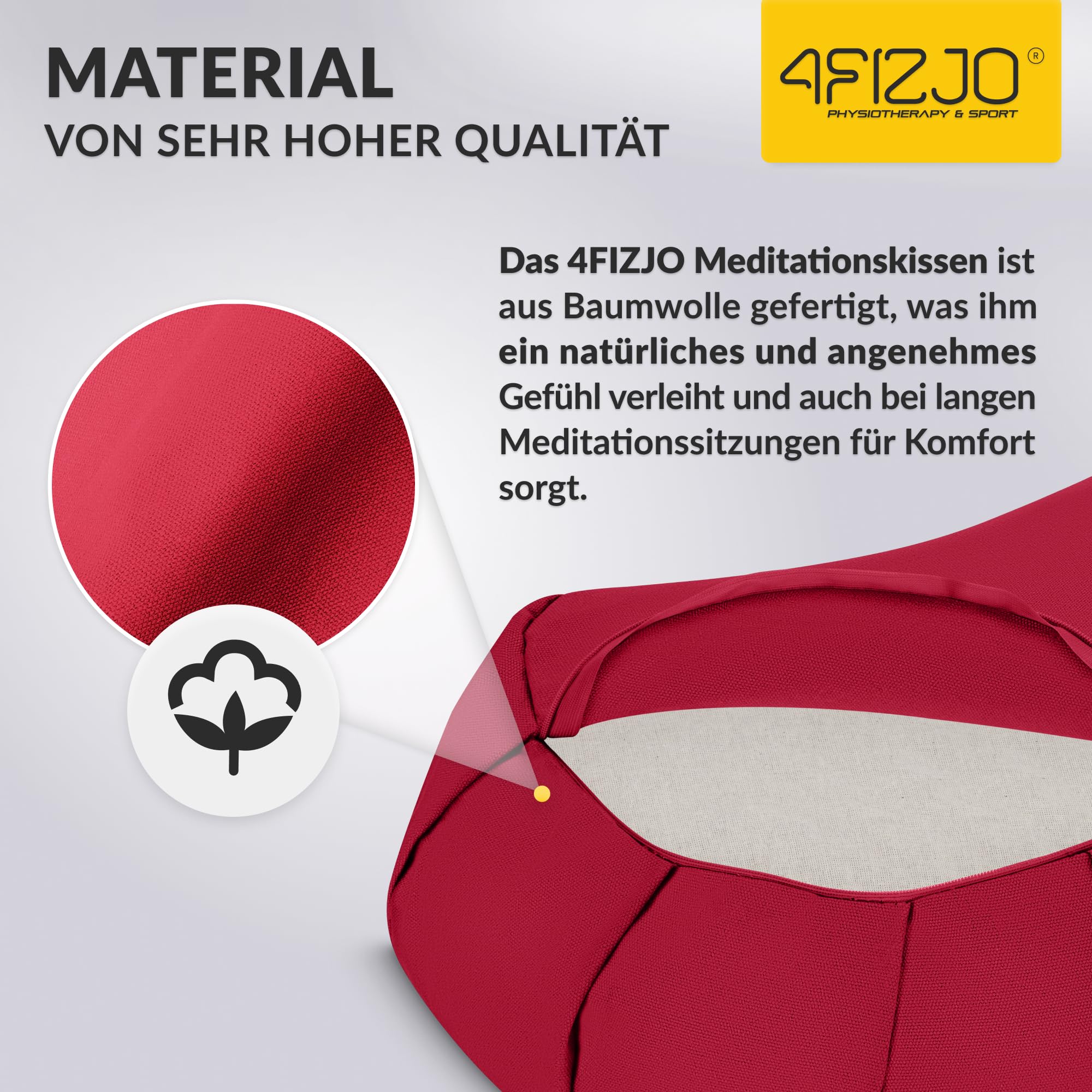 4FIZJO Meditationskissen Halbmond, Yogakissen in Halbmondform mit Buchweizen-Spelz Füllung, Sitzkissen, Rondokissen, Abnehmbarer Bezug aus Baumwolle, Abmessungen 40x30x12 cm, Pflegeleicht, Rot