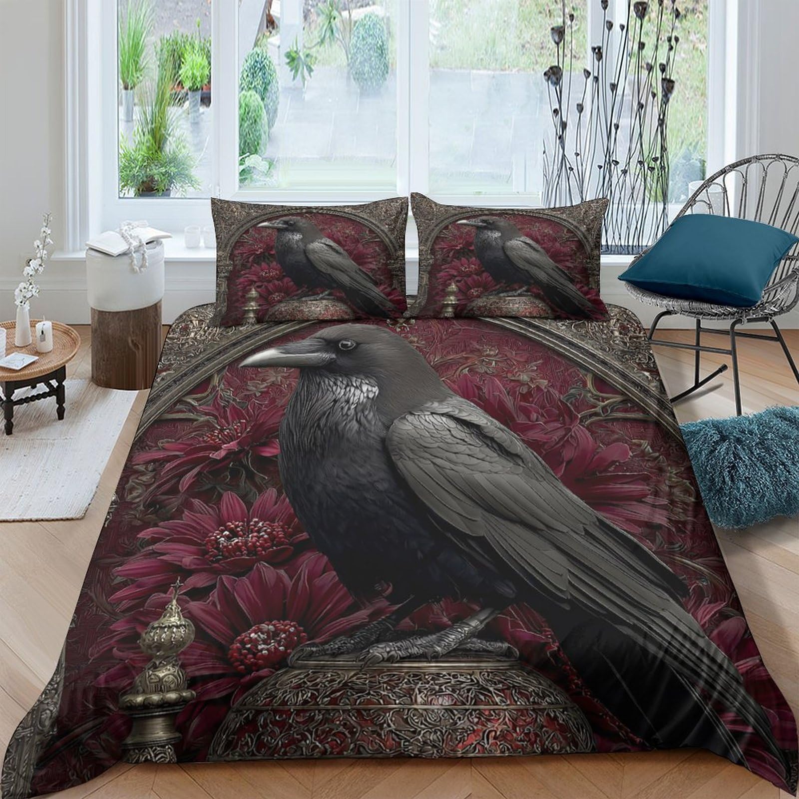 GPLZQXKJNH 3D Printed Black Raven Rose Duvet Cover Microfiber Breathable Gothic Bedding Set with 2 Pillowcases for Bedroom Decor Single（135x200cm）