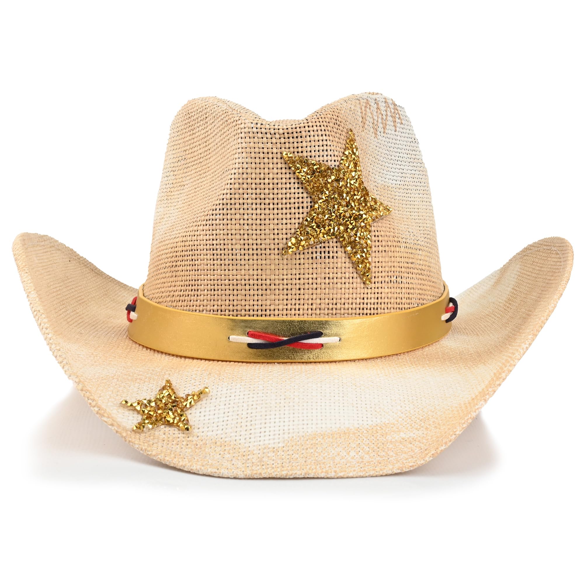 Foeran Cowboy Hat with Men's Women's Western Cowgirl Straw Hats,American Style Gold Glitter Star Braided Headband