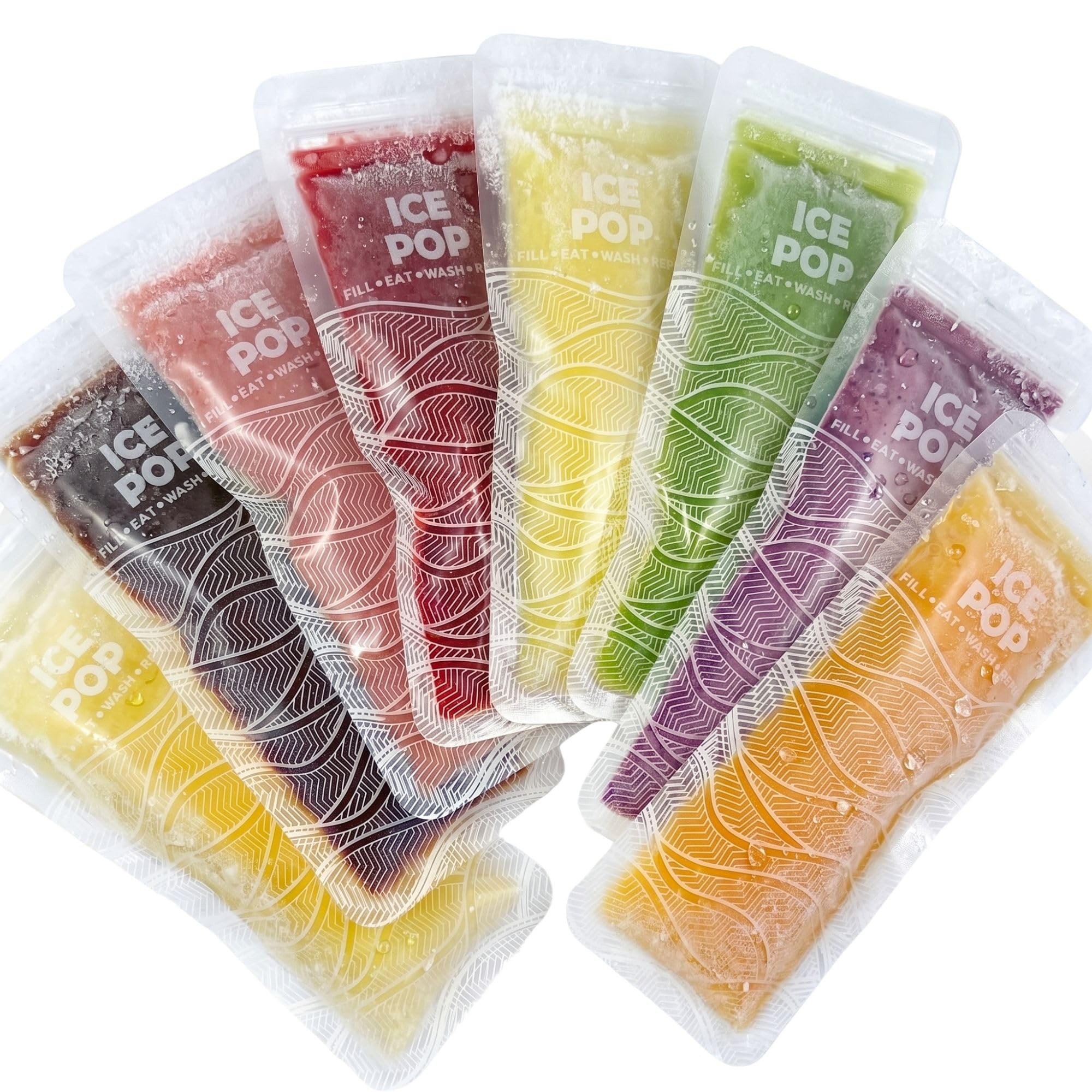 Nom Nom Kids Clear | Reusable Ice Pop Bags | Pack Of 8 | No-Leak Double Zip Seal Ice Lolly Bags | Homemade Frozen Treats Freeze Pop Pouches For Kids & Families (Wave Design)