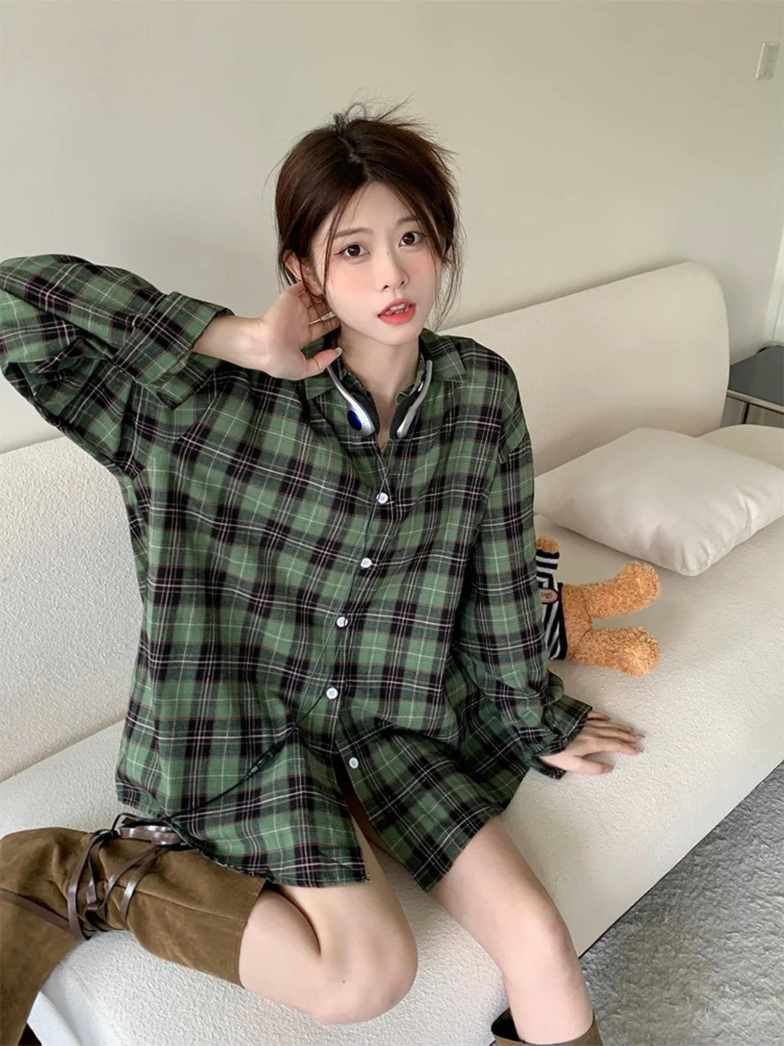 Camicia Ampia da Donna con Design Scozzese Classico retrò, Colletto rovesciato, Camicette da Donna a Maniche Lunghe, Primavera Estate, Vintage Oversize, Chic-Verde-M