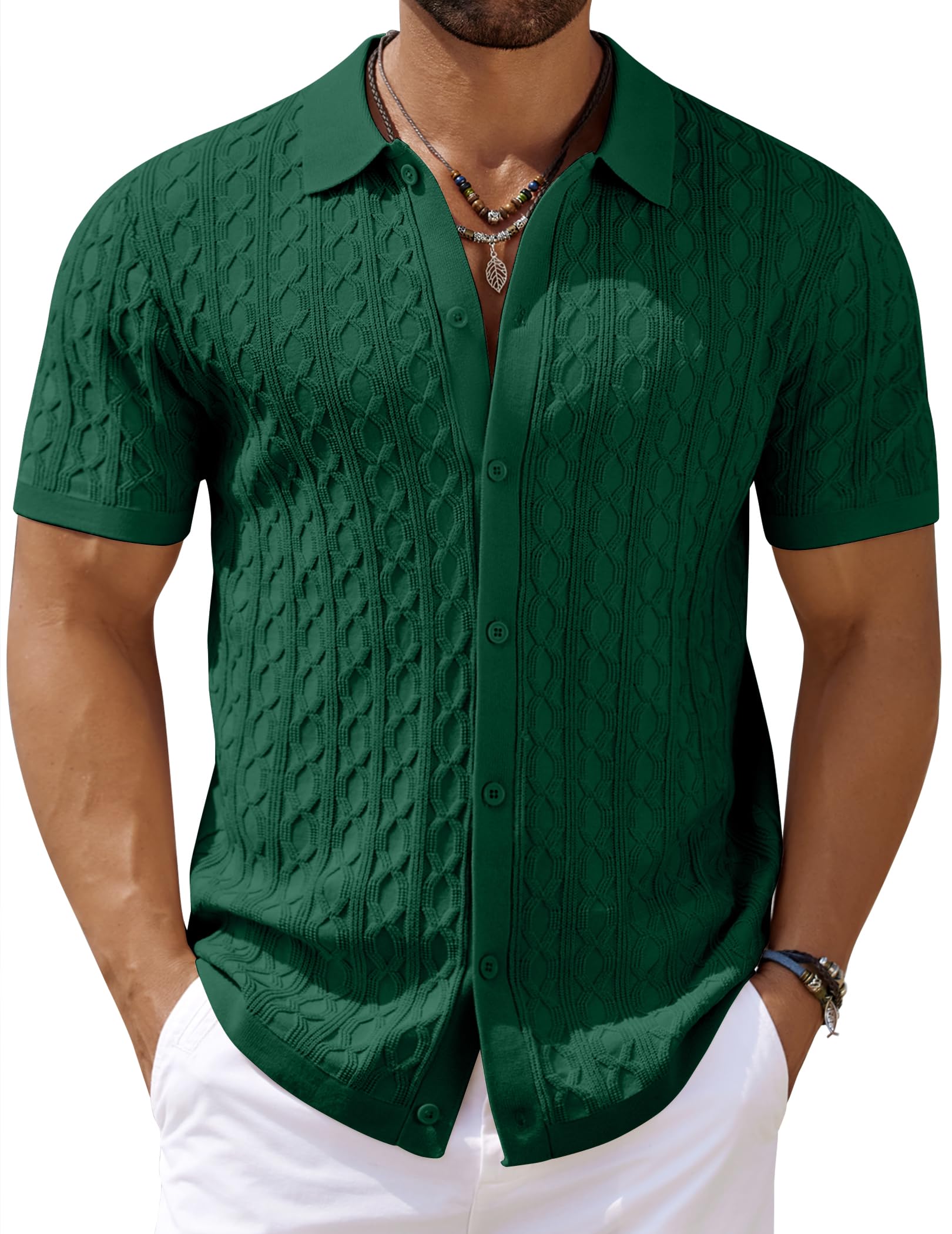 COOFANDY Casual Mens Woven Knit Shirt Short Sleeve Button Down Retro 70S Polo Shirts Untucked Classic Bowling Shirts Green